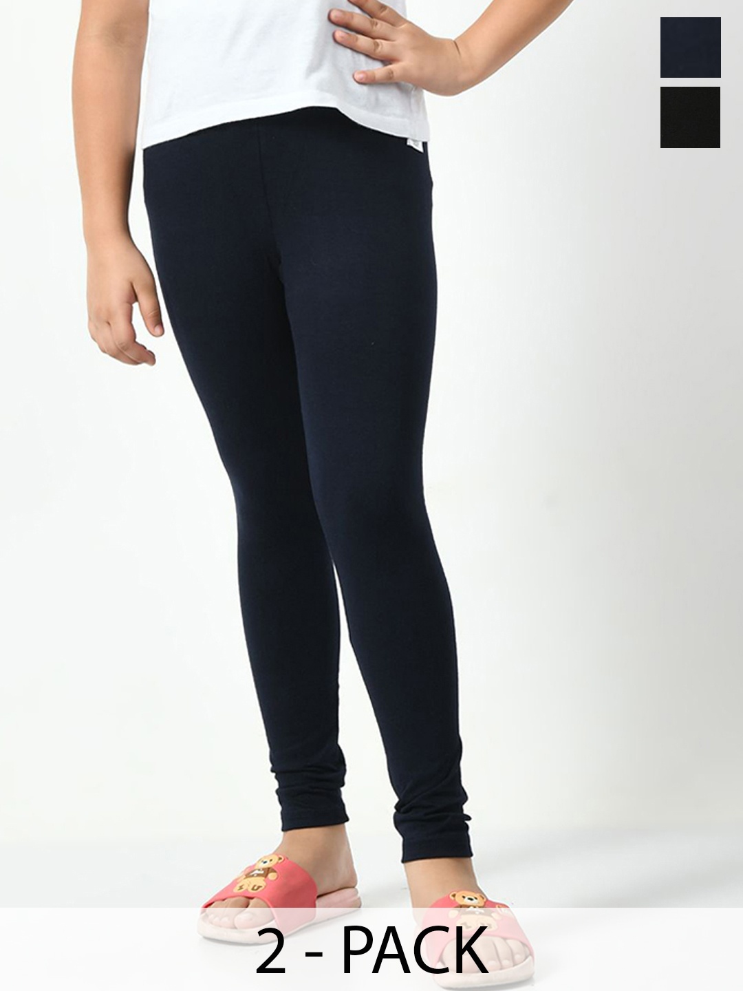 

KAYU Girls Pack Of 2 Solid Ankle Length Leggings, Navy blue
