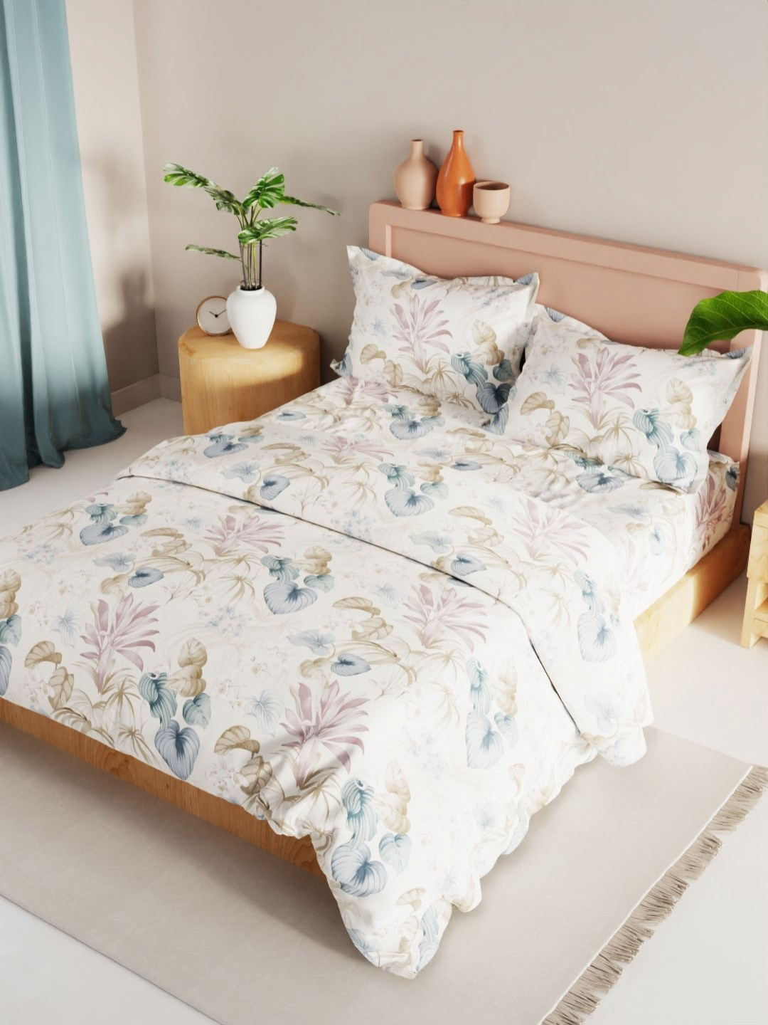 

KOPA White & Blue 4 Pieces Floral Printed Microfiber Double King Regular Bedding Set