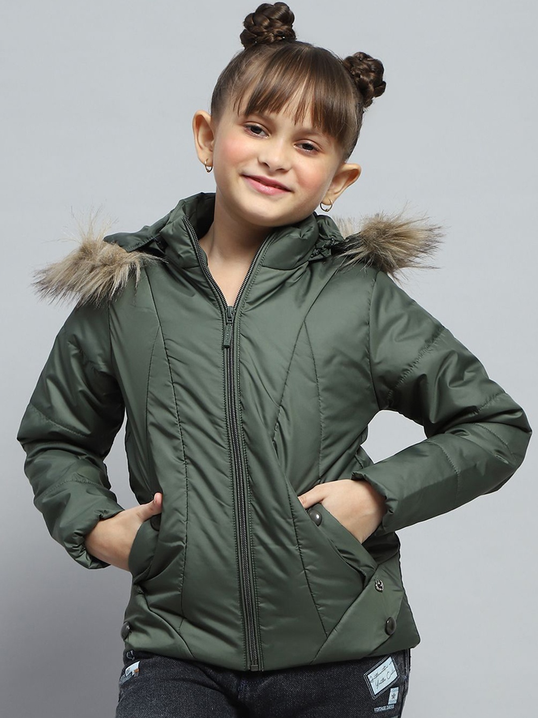 

Monte Carlo Girls Hooded Solid Casual Padded Jacket, Green