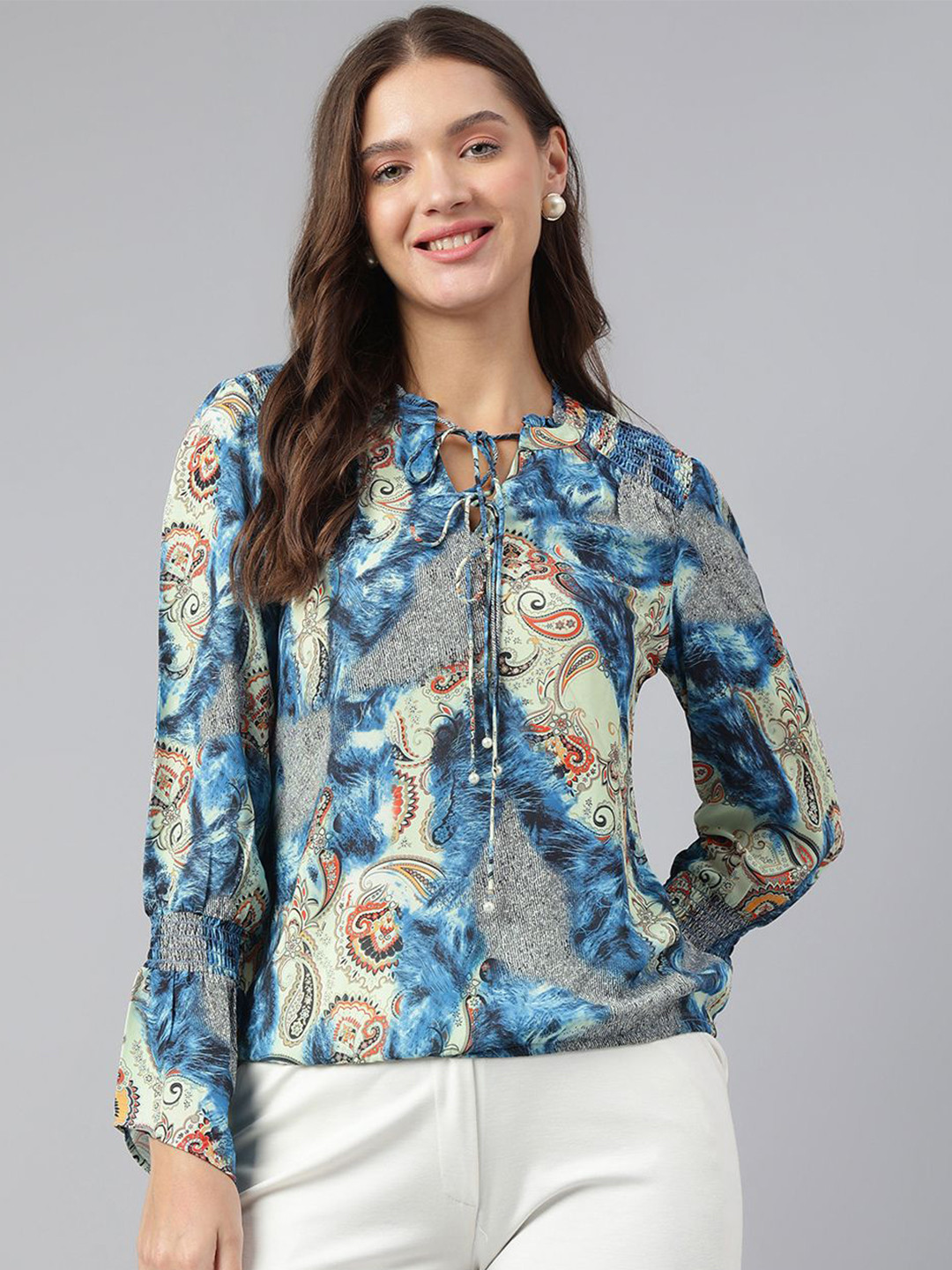 

Latin Quarters Women Abstract Printed Tie-Up Neck Top, Blue