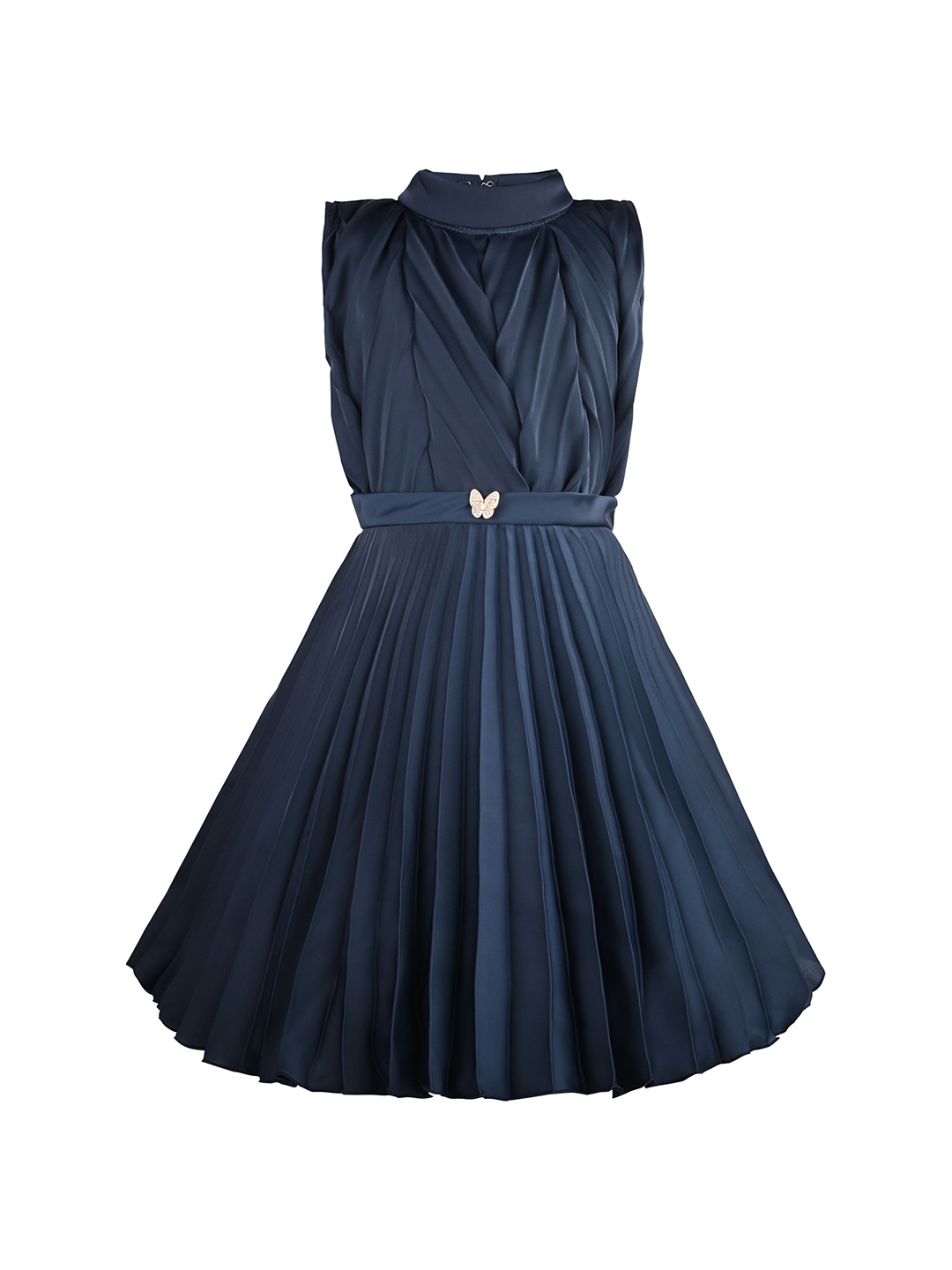 

Wish Karo Girls Solid Sleeveless Fit and Flare Frock Dress With Belt, Navy blue