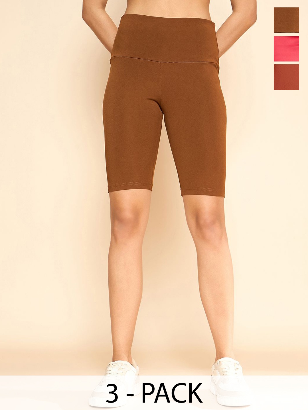 

COLOR CAPITAL Women Pack Of 3 High Rise Antimicrobial Above-Knee Gym Tights, Brown