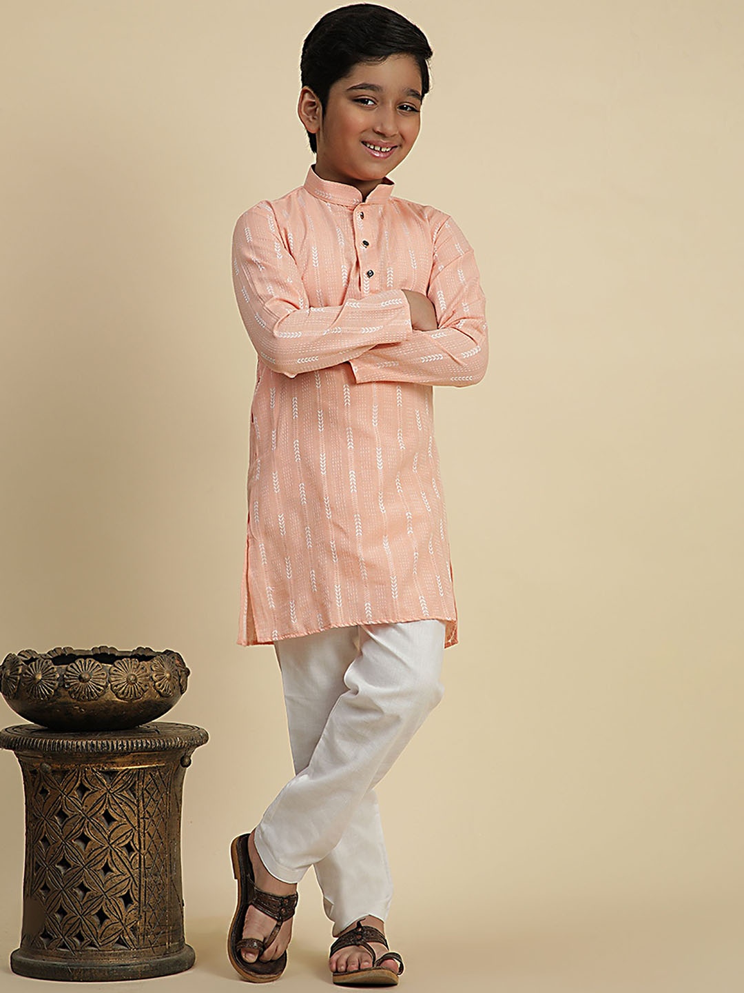 

Pro-Ethic STYLE DEVELOPER Boys Geometric Woven Design Pure Cotton Kurta With Pyjama, Peach