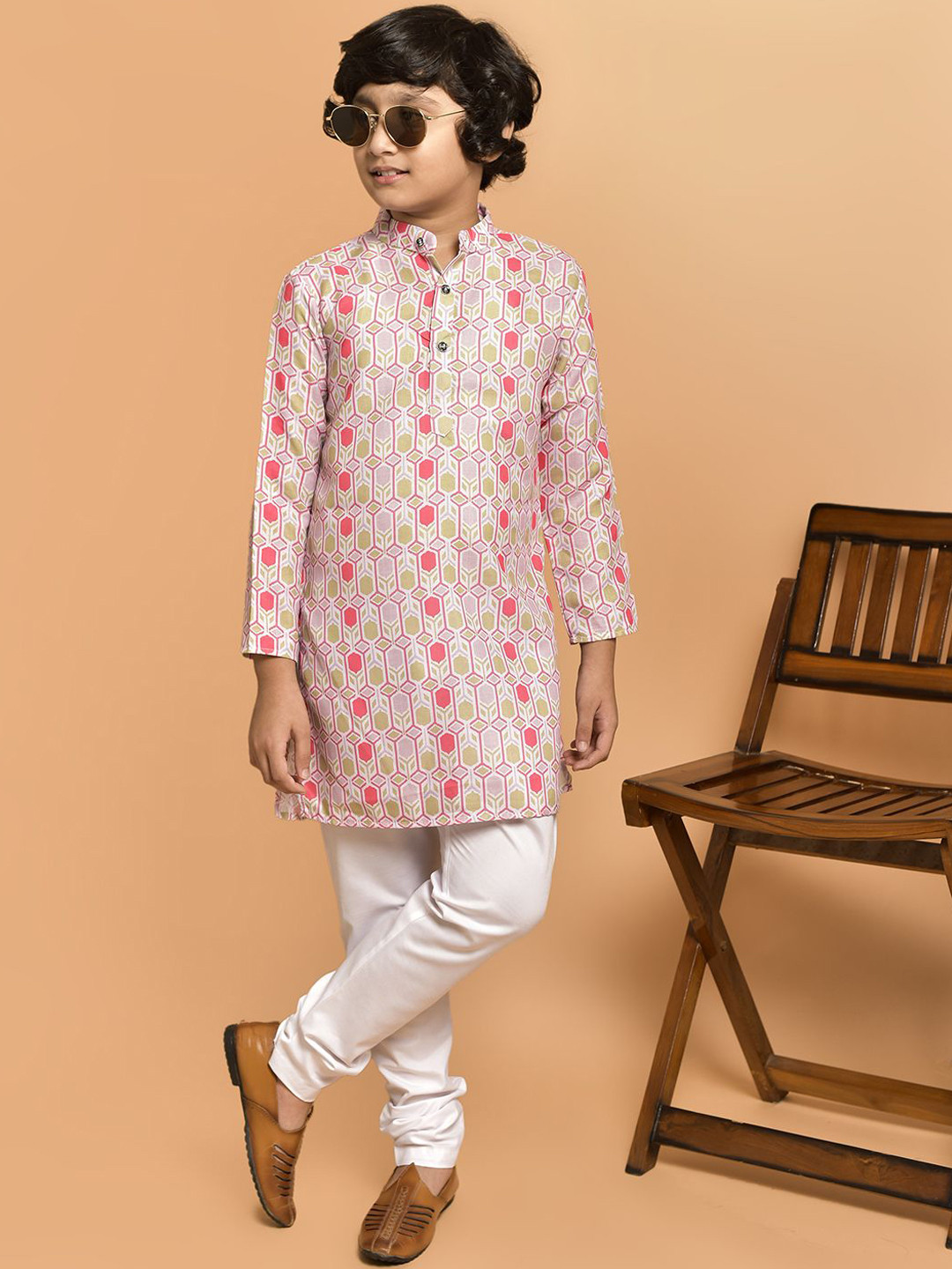 

PRINTCULTR Boys Geometric Printed Mandarin Collar Pure Cotton Straight Kurta, Pink