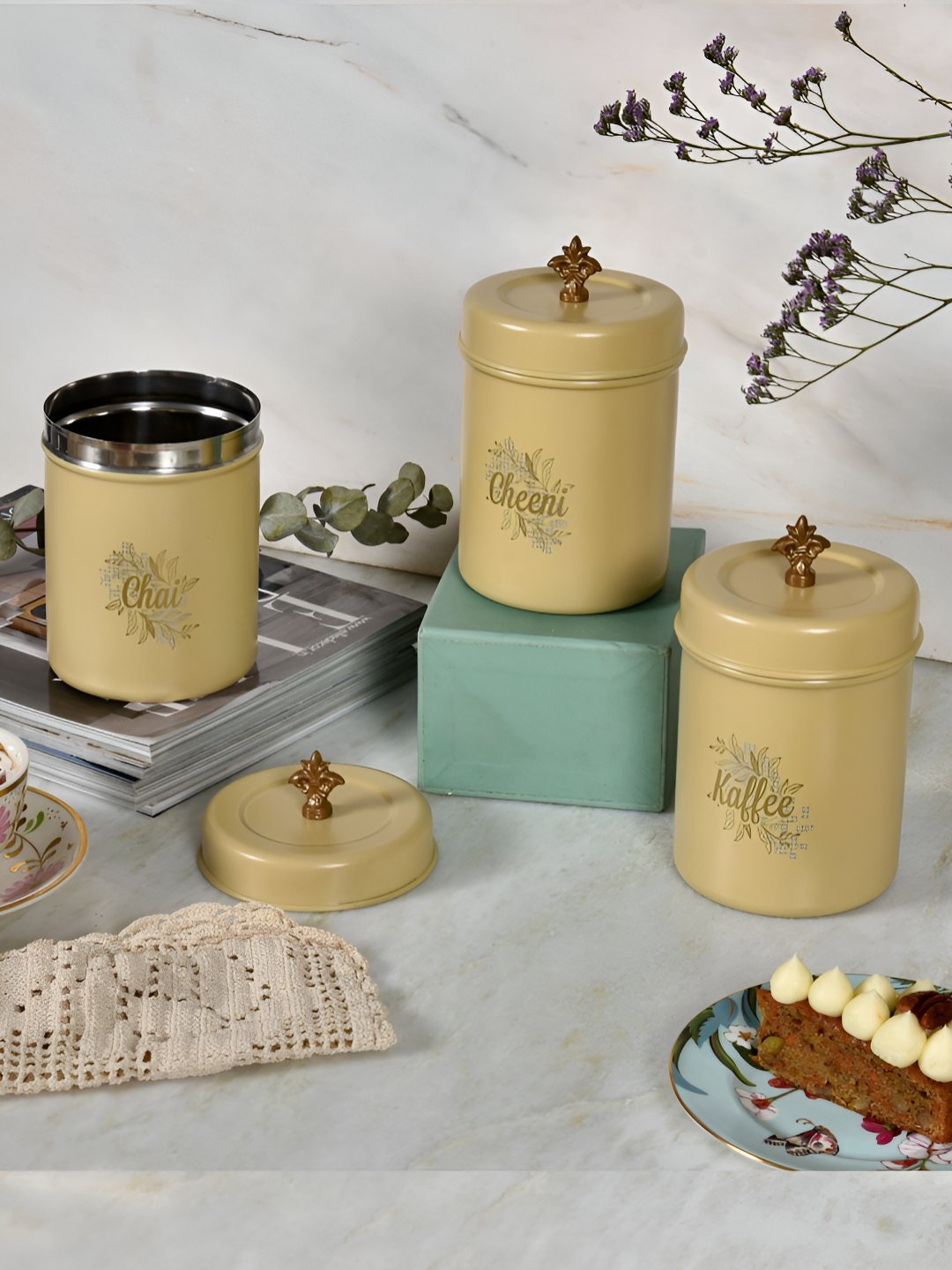 

Living With Elan Gingham & Blooms Yellow 3 Pieces Typography Printed Canister Container