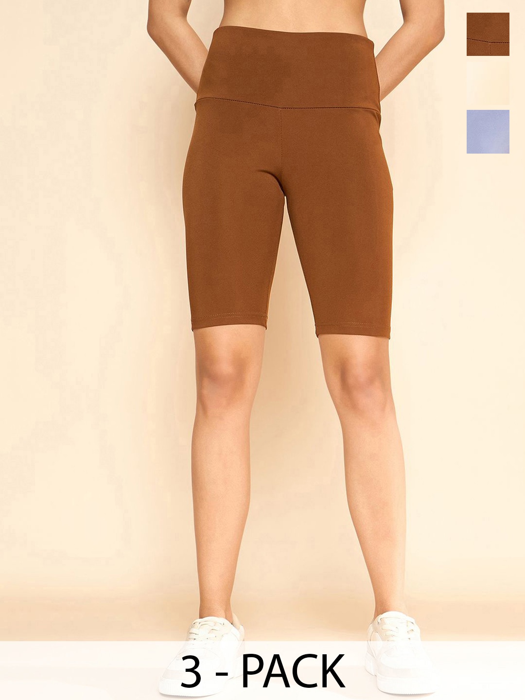 

COLOR CAPITAL Pack Of 3 Women Antimicrobial Above Knee Gym Tights, Coffee brown