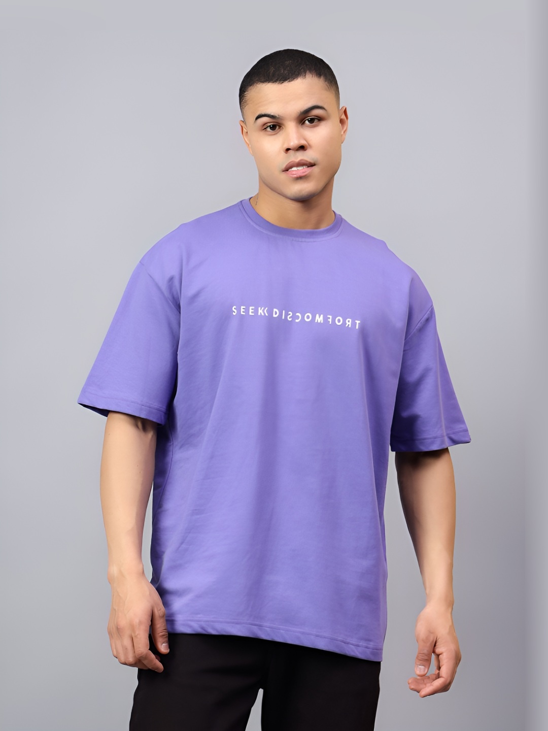 

Peach & Lemonade Men Typography Printed Round Neck Cotton Oversized T-shirt, Purple