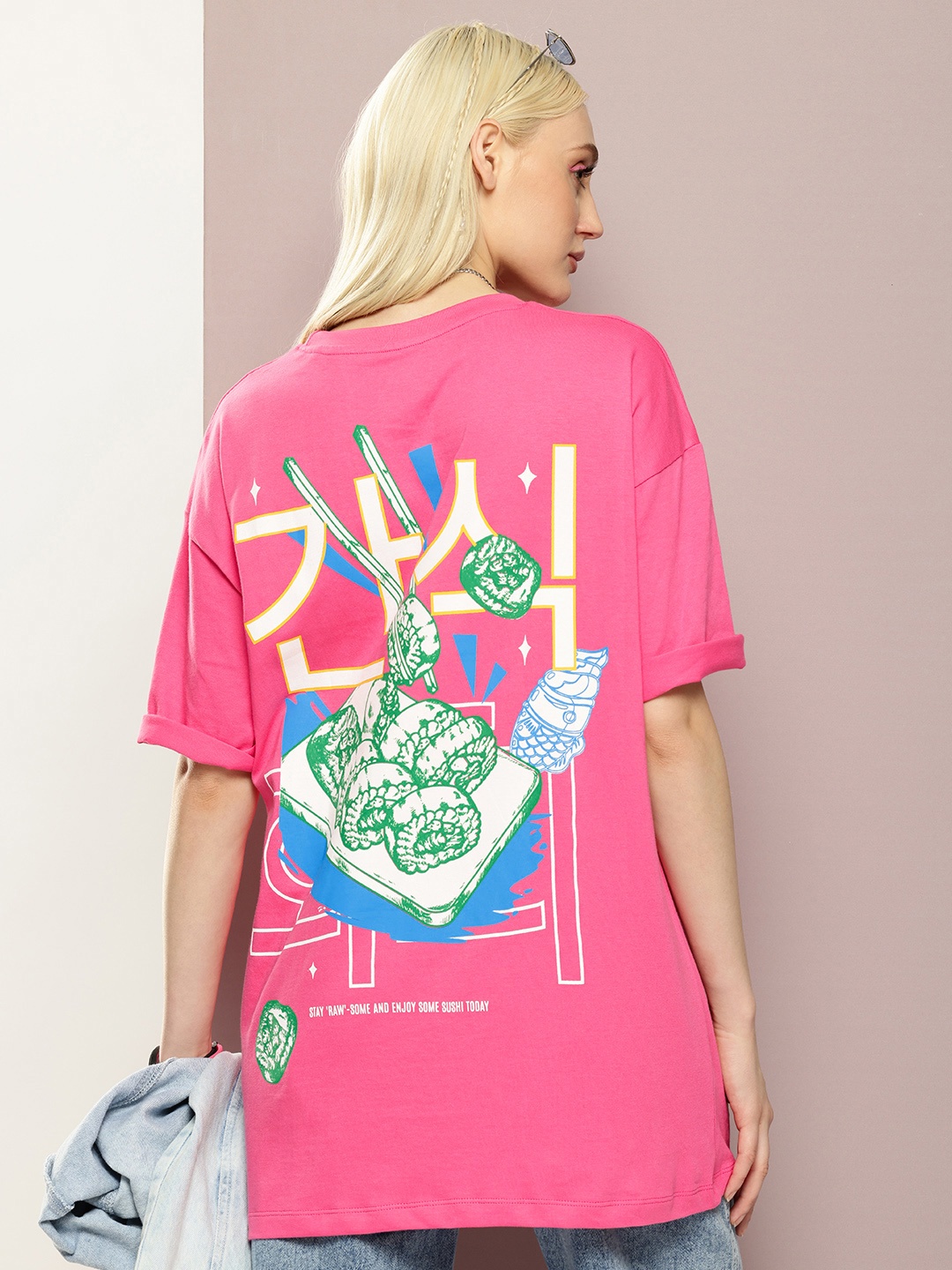 

Kook N Keech Printed Drop-Shoulder Sleeves Pure Cotton Oversized T-shirt, Pink