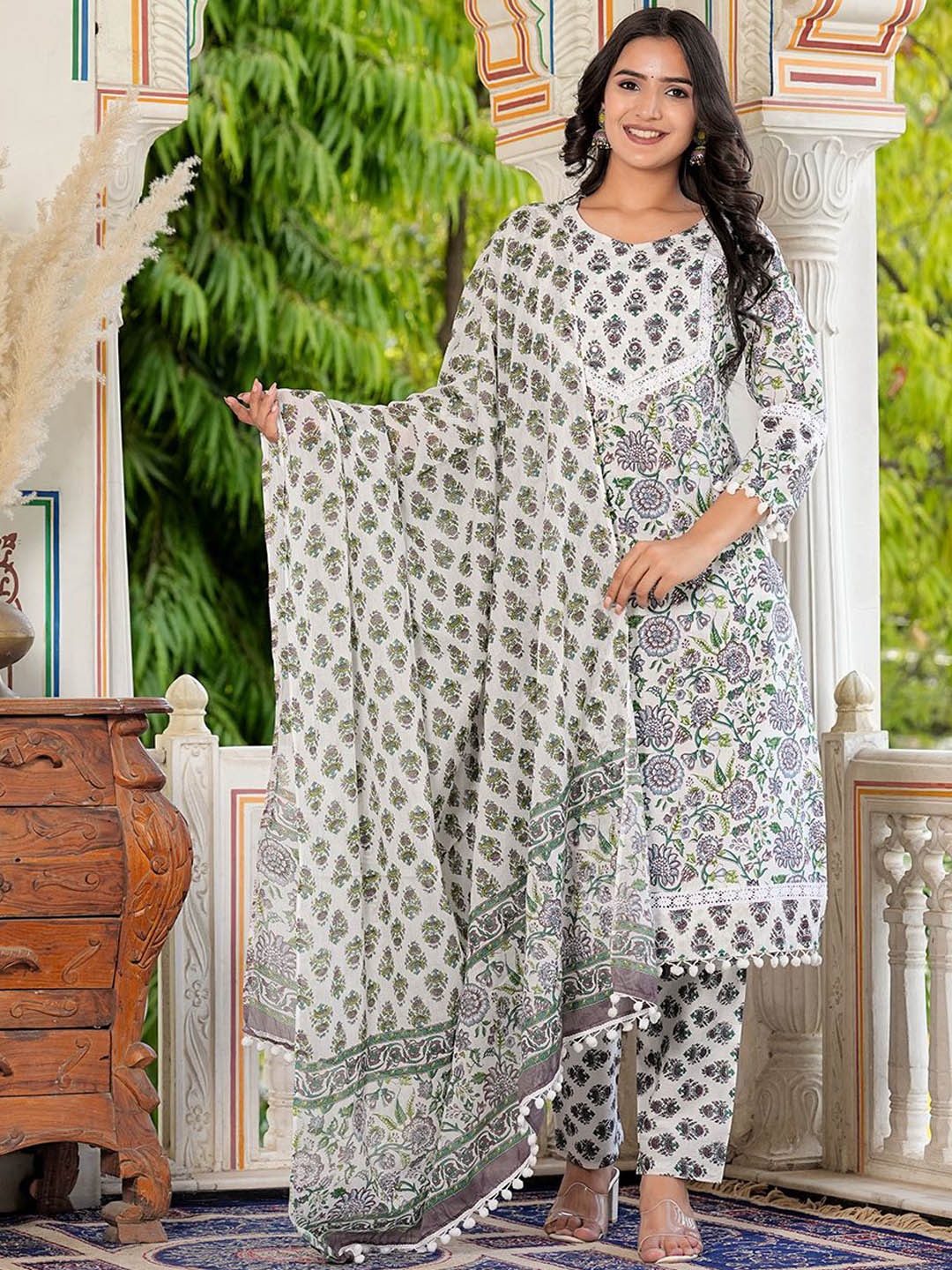 

KALINI Floral Printed Mirror Work Pure Cotton Kurta With Trousers & Dupatta, Grey