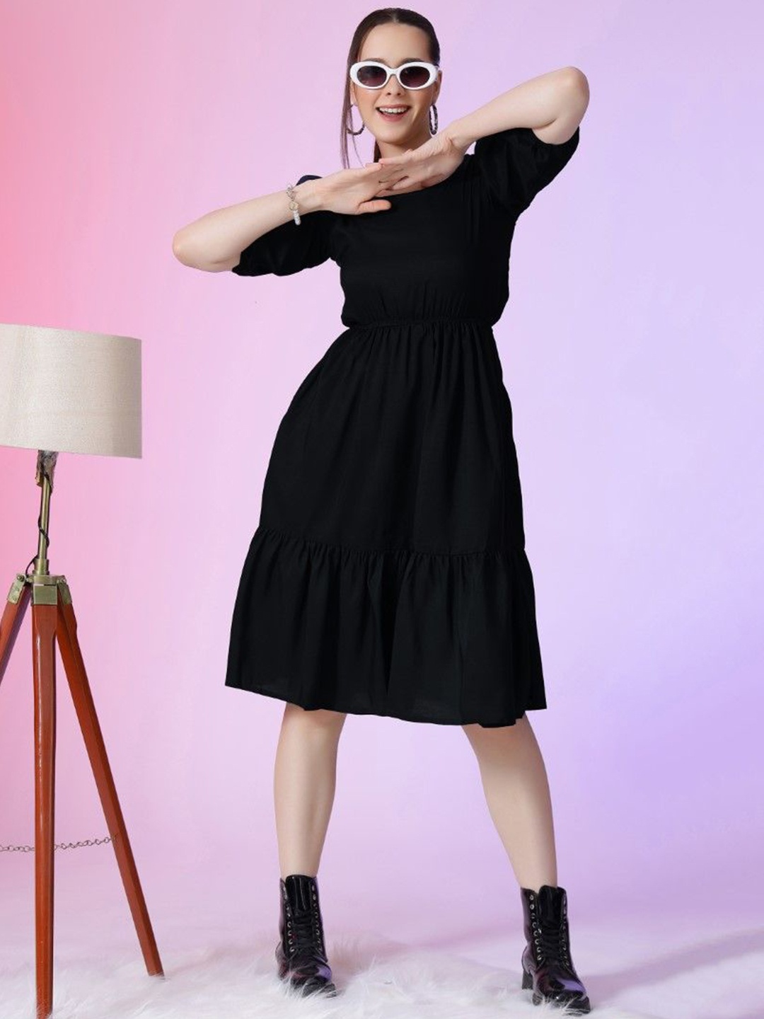 

Femvy Women Solid Puff Sleeve Applique Fit & Flare Dress, Black
