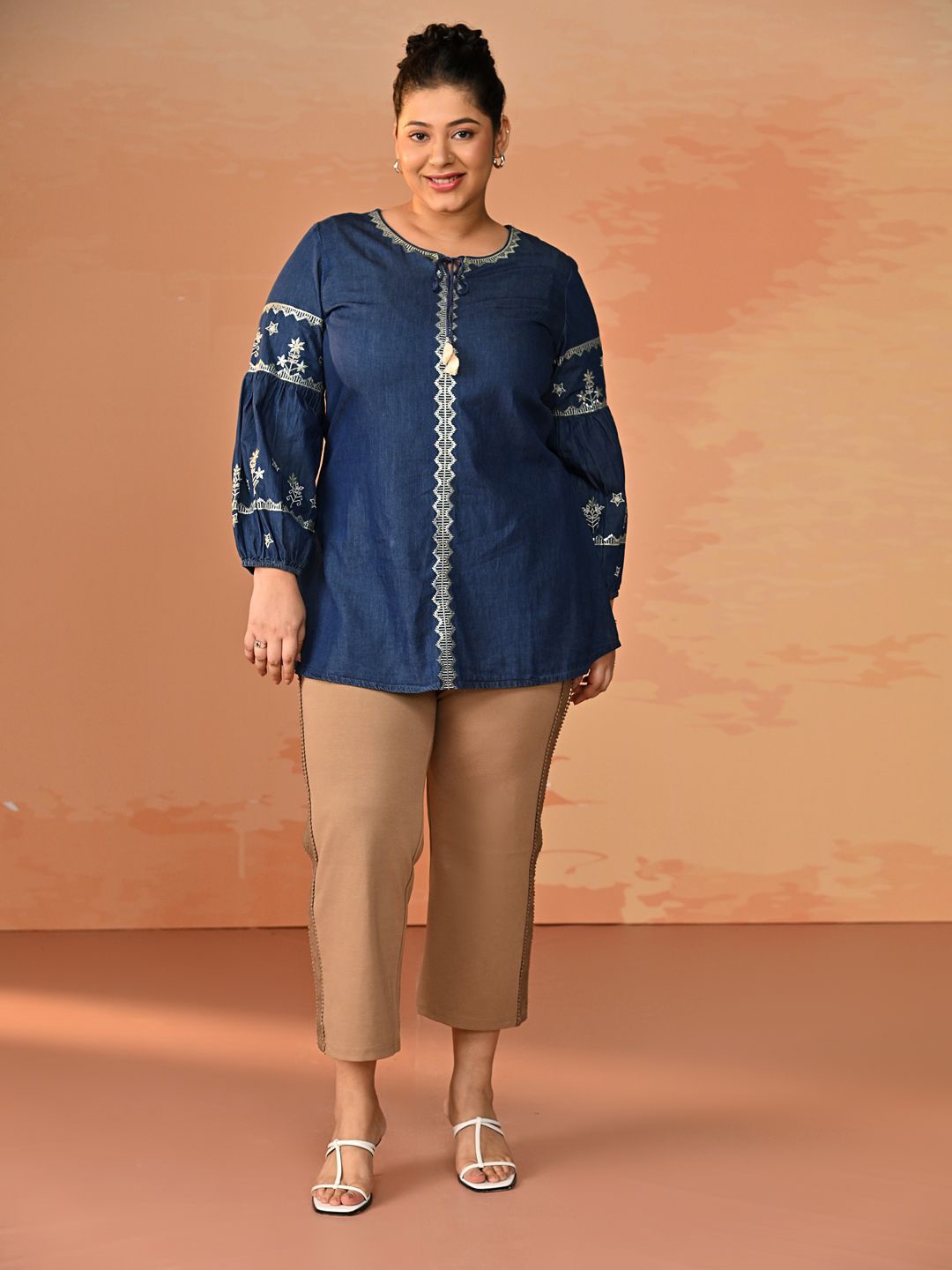 

Lakshita Women Solid Tie-Up Neck Cotton Top, Blue
