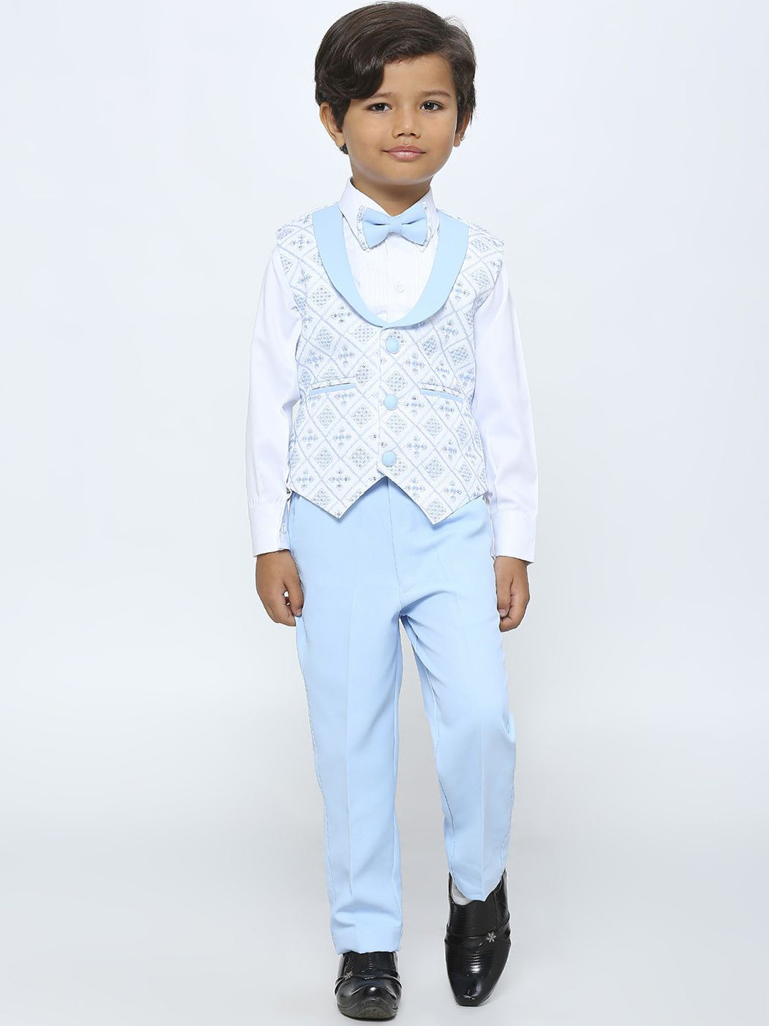 

YK Boys Embroidered Single Breasted Three Piece Suit With Shirt, Blue