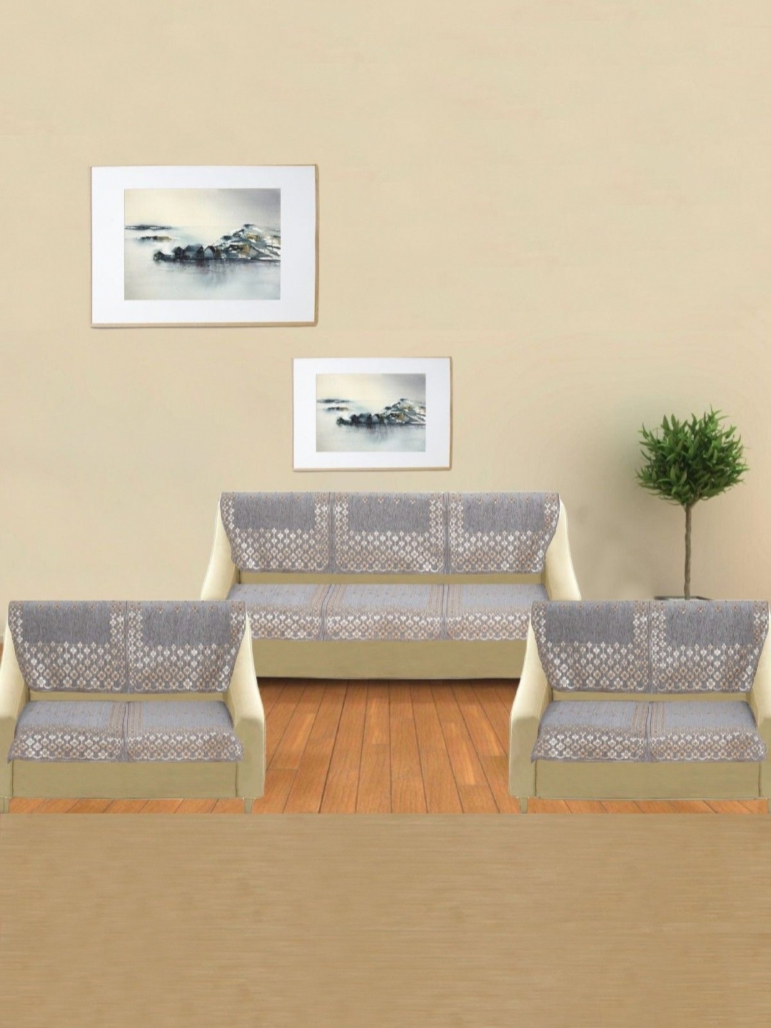 

BREVARD Grey & Gold Toned 14 Pieces Floral Printed 6 Seater Sofa Covers