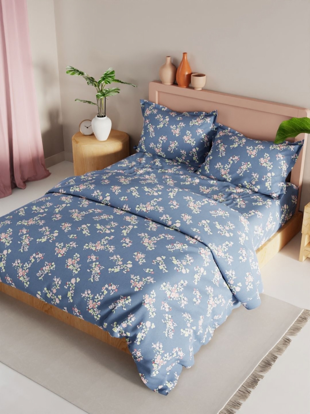 

KOPA Blue & White 4 Pieces Floral Printed Double Queen Regular Bedding Set