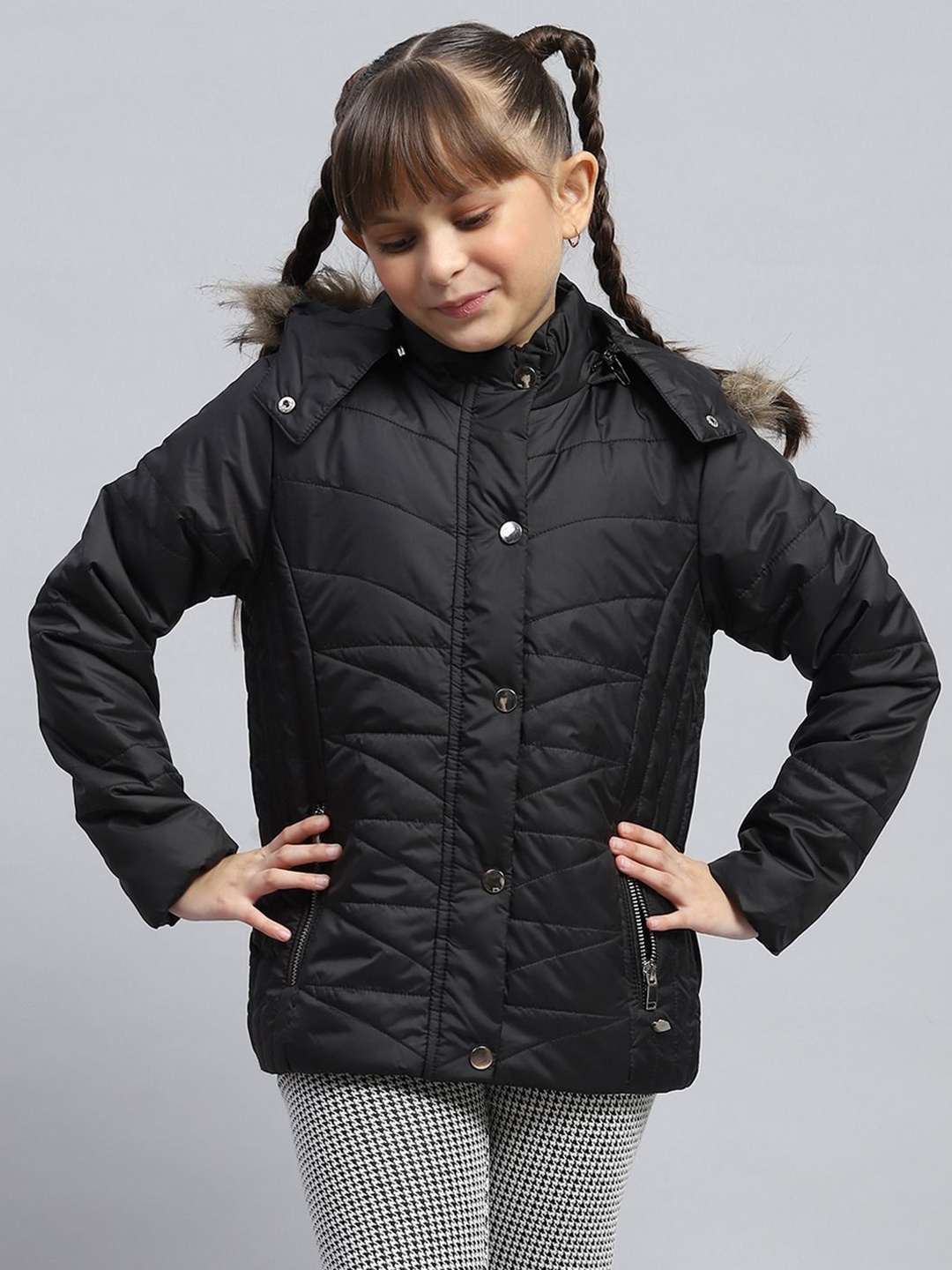 

Monte Carlo Girls Hooded Solid Casual Padded Jacket, Black