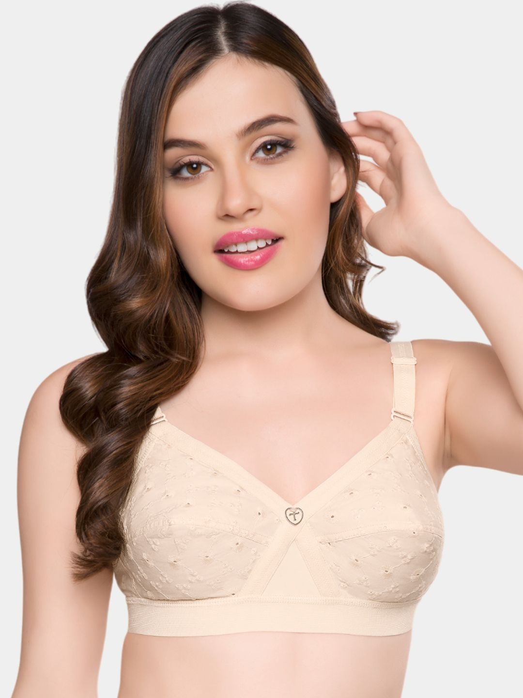 

Trylo Krutika Chikan Pure Cotton Non-Padded Non-Wired Full Coverage Bra, Beige