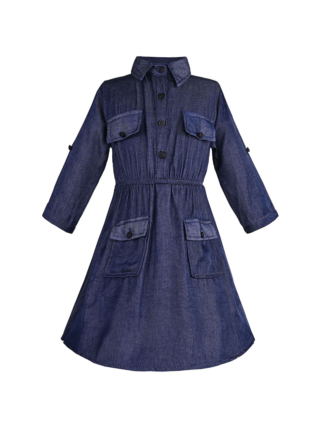 

Wish Karo Girls Shirt Collar Cotton Fit & Flare Knee Length Dress, Navy blue