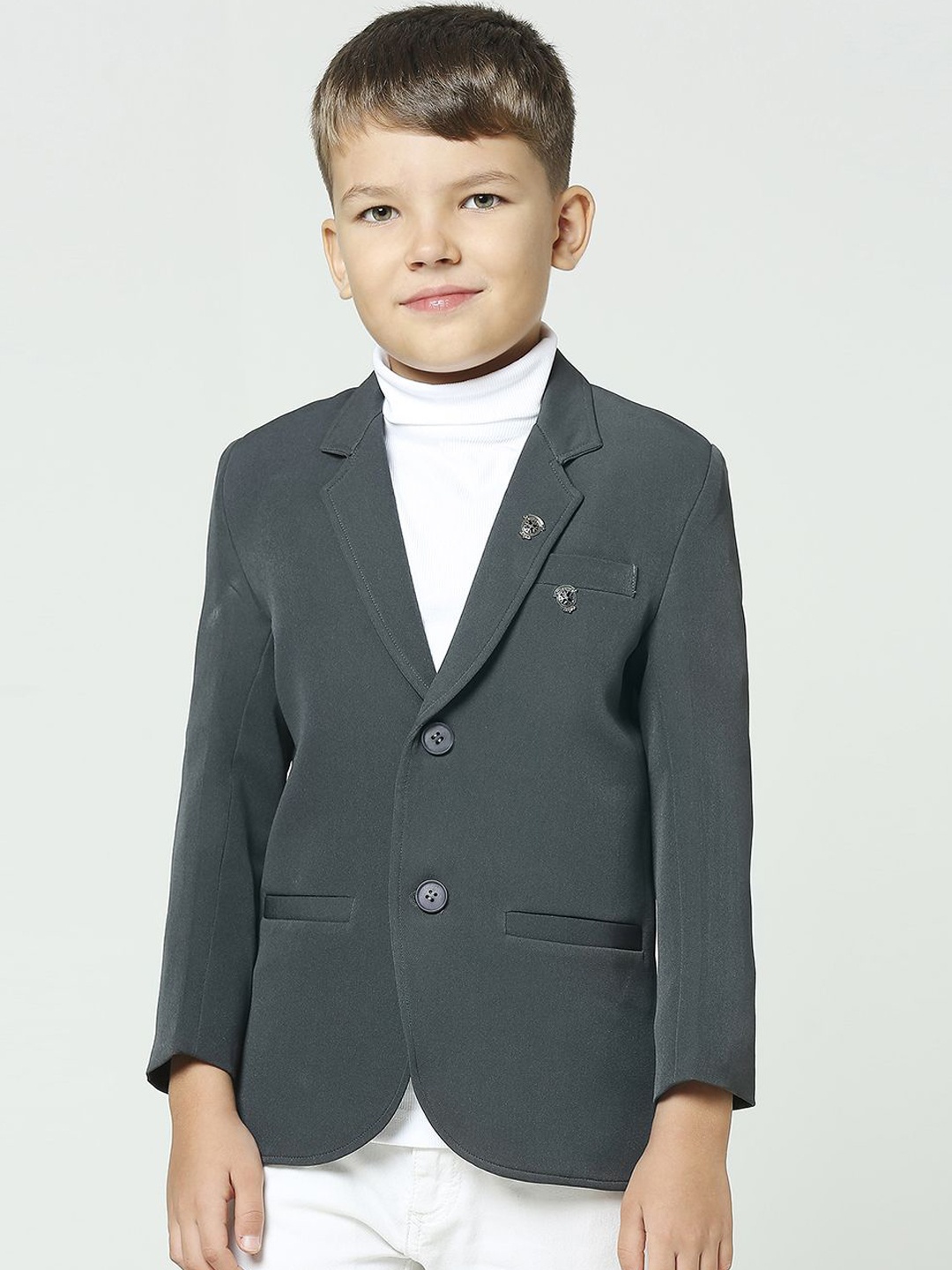 

YK Boys Notched Lapel Collar Comfort Fit Single-Breasted Blazer, Grey