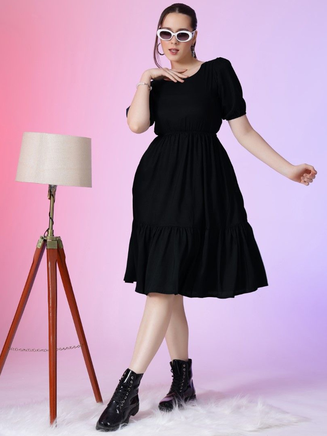 

Krunal Raiyani Puff Sleeve Fit & Flare Dress, Black