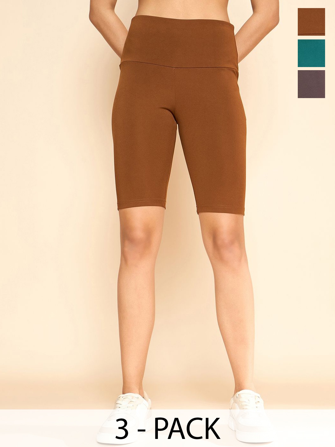 

COLOR CAPITAL Women Pack Of 3 Antimicrobial High Rise Above Knee Cycling Tights, Camel brown