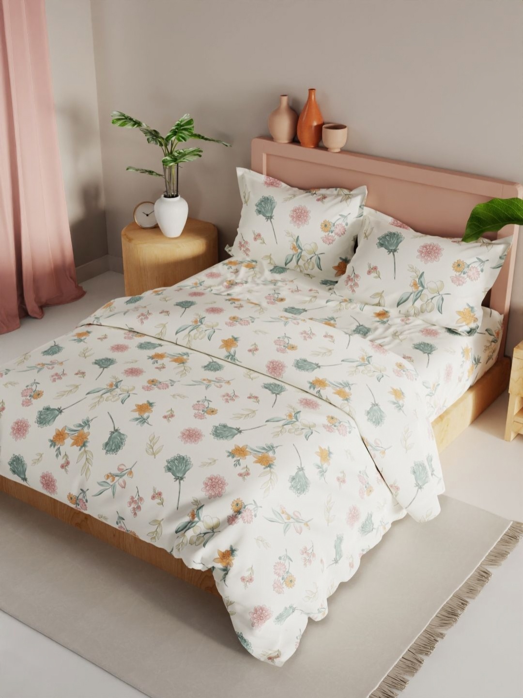 

KOPA Off White & Blue 4 Pieces Floral Printed Double Queen Regular Bedding Set