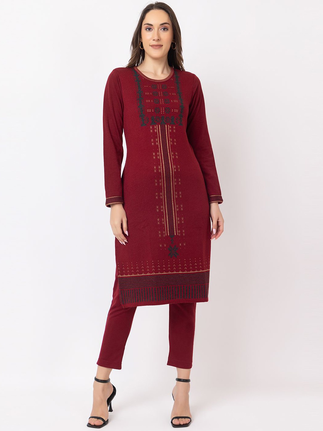 

KEIKO Floral Woven Design Jacquard Knitted Weave Acrylic Straight Kurta, Maroon