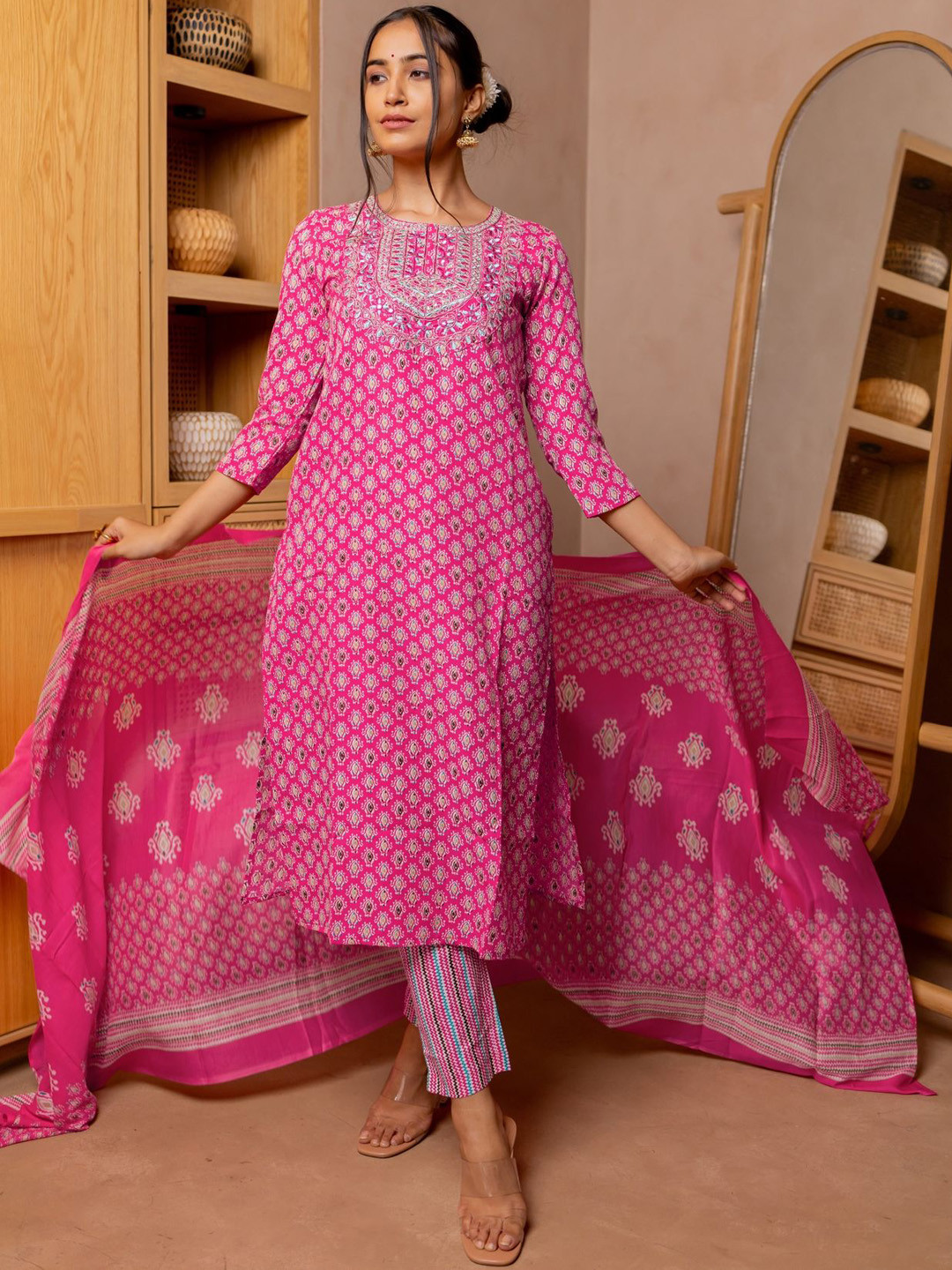 

KALINI Ethnic Motifs Printed Mirror Work Kurta with Trousers & Dupatta, Pink