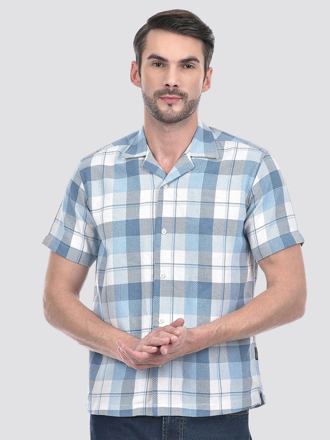 

Numero Uno Men Cuban Collar Tartan Checked Cotton Casual Shirt, Blue