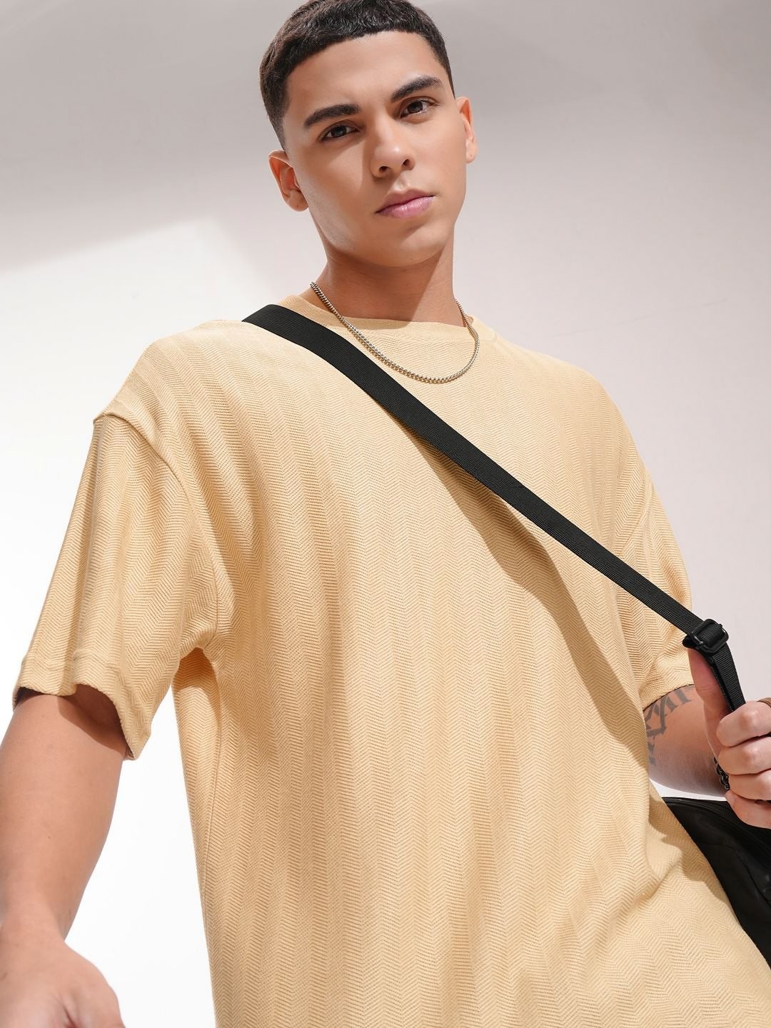 

HIGHLANDER Men Self Design Round Neck Cotton Oversized T-shirt, Beige
