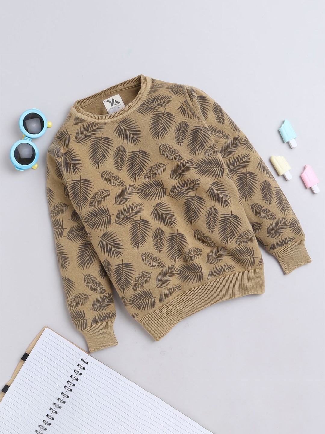 

Yellow Apple Boys Floral Printed Woollen Pullover, Beige