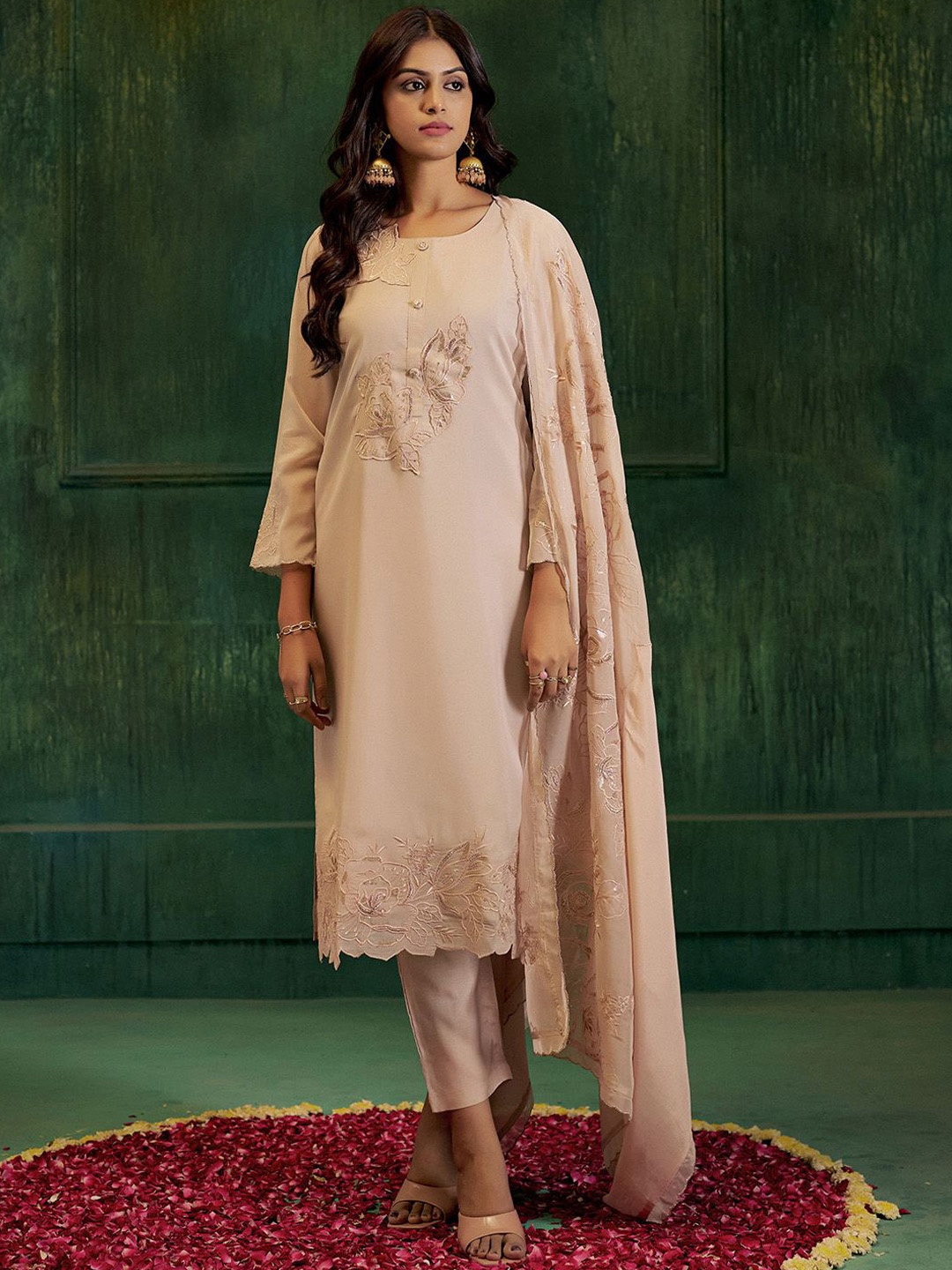 

Jaipur Kurti Floral Embroidered Sequinned Straight Kurta With Trousers & Dupatta, Beige