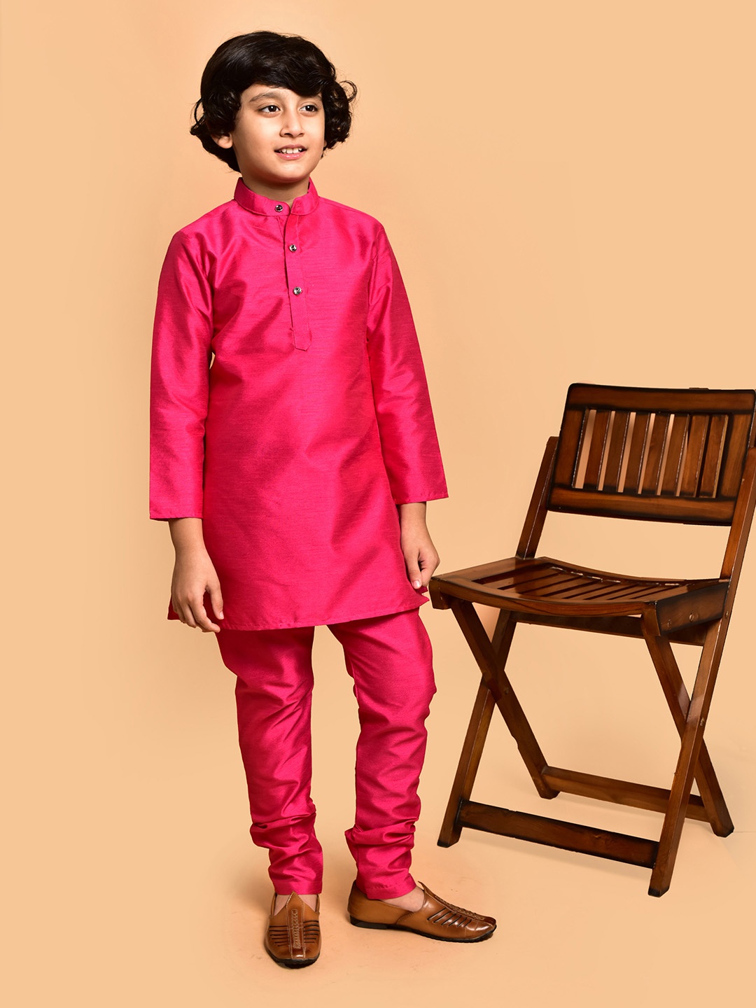 

PRINTCULTR Boys Mandarin Collar Straight Kurta With Churidar, Pink