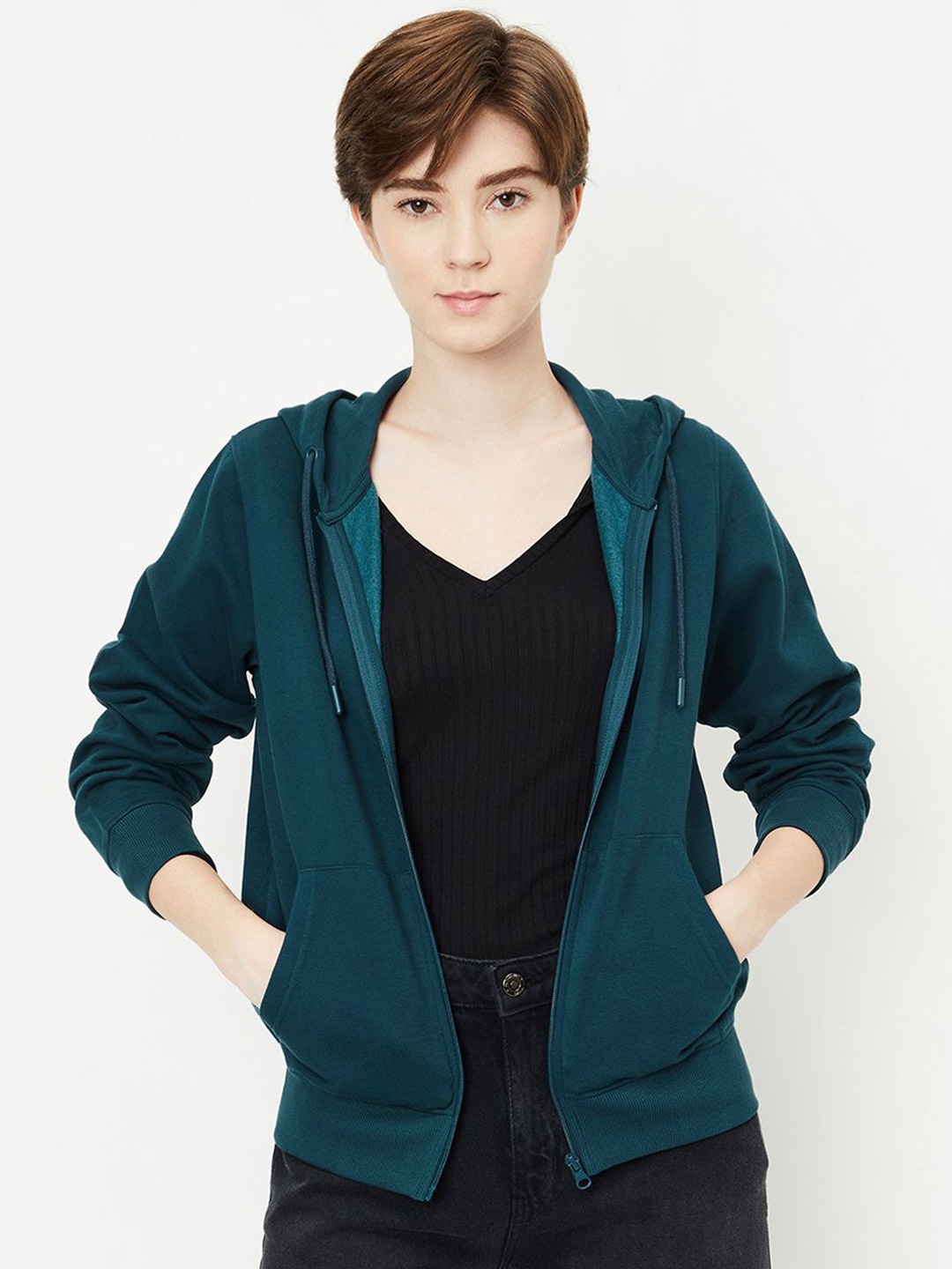 

max Women Solid Front Open Hooded Sweatshirt, Teal