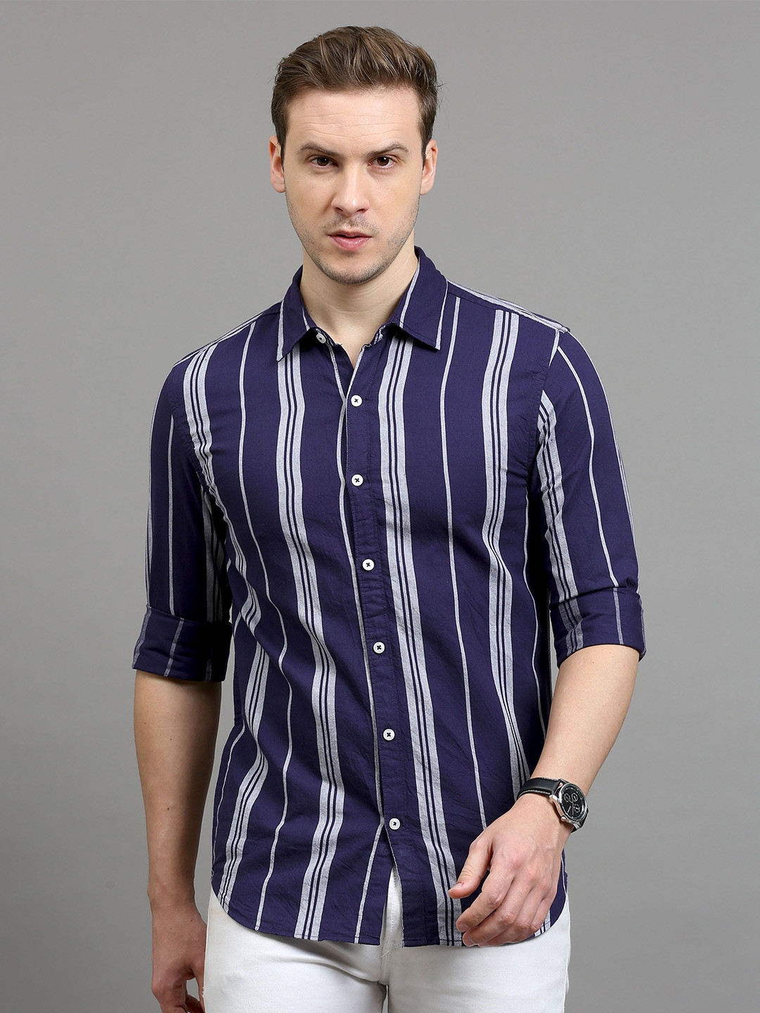 

Rope Men Standard Spread Collar Horizontal Striped Cotton Slim Fit Casual Shirt, Navy blue