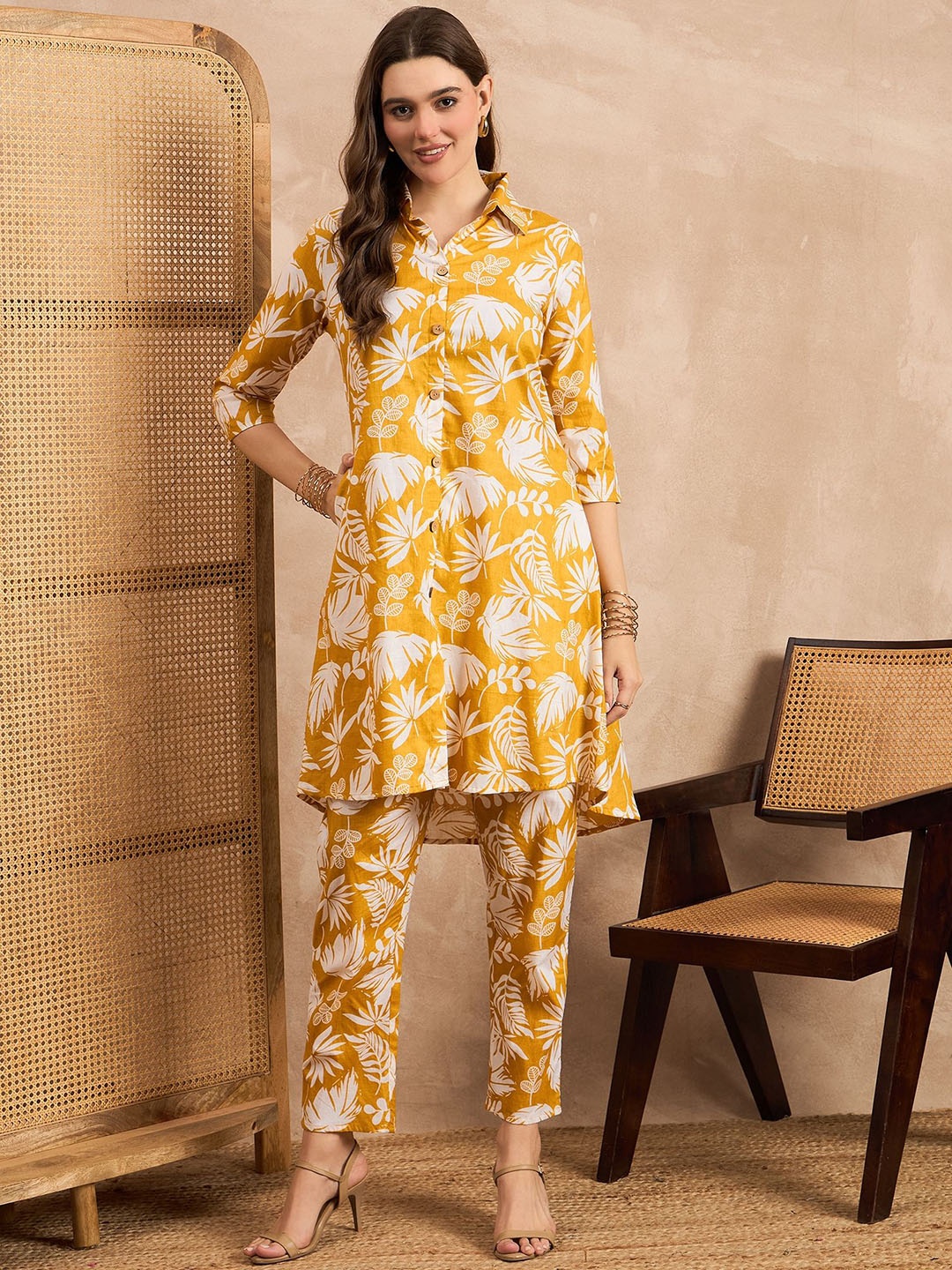

BAESD Printed Shirt Collar Pure Cotton Tunic With Trouser, Mustard