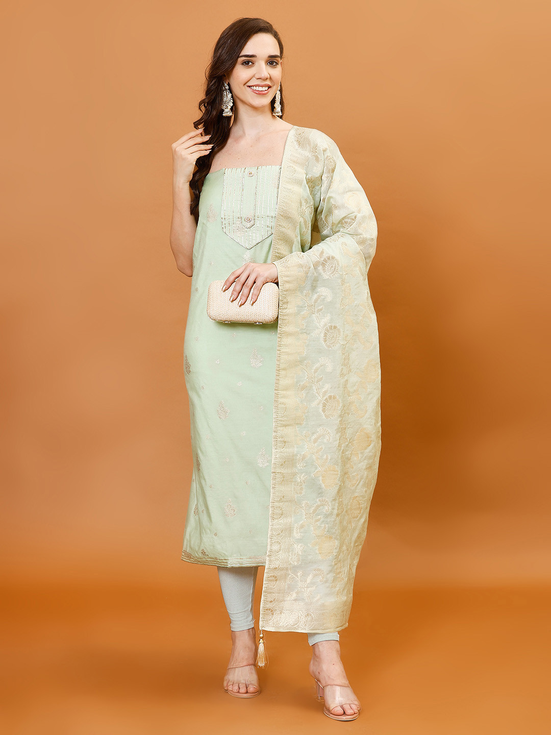

Meena Bazaar Women Woven Design Unstitched Dress Material, Green