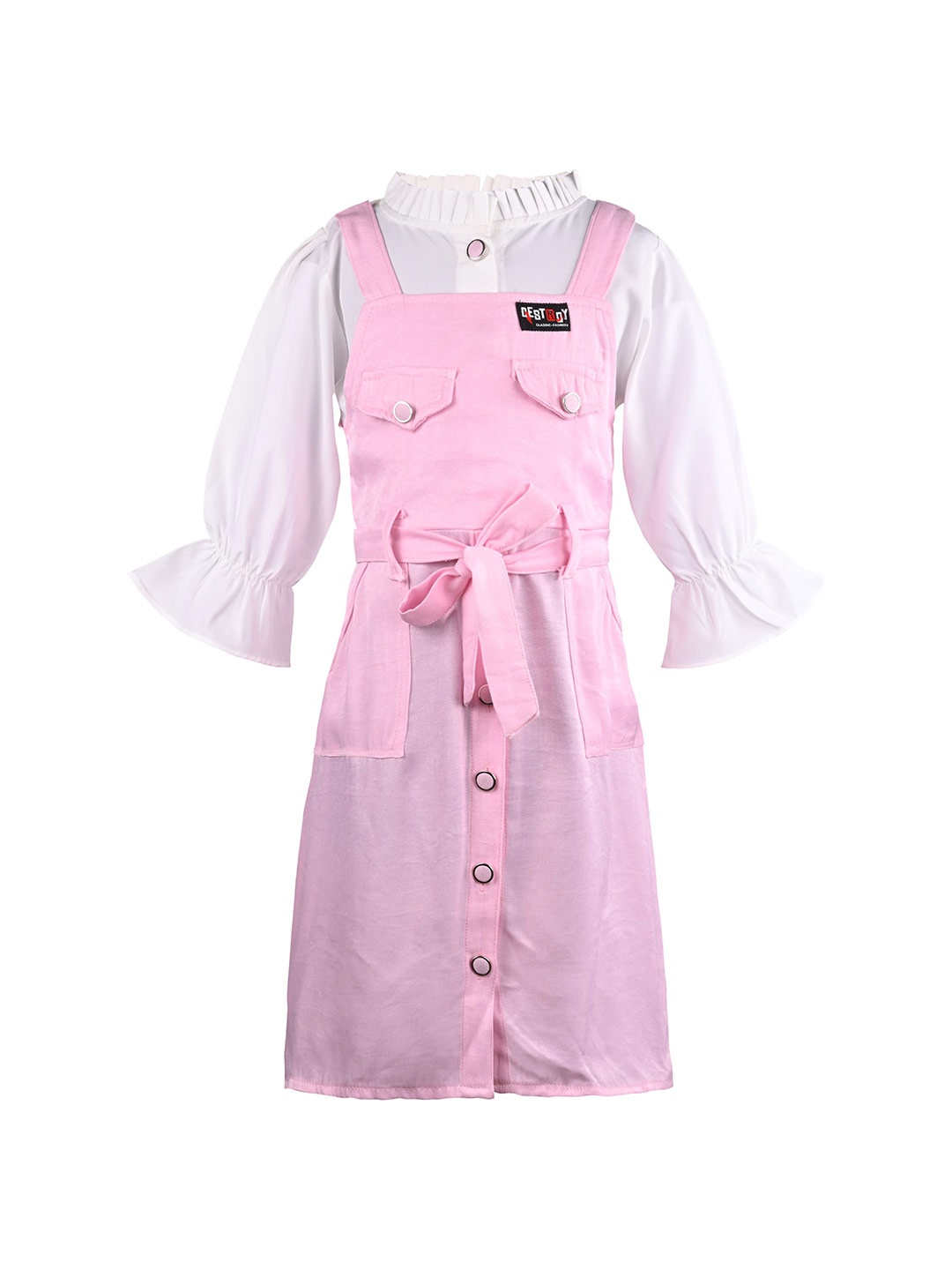 

Wish Karo Girls Mock Neck Cuffed Sleeve Pinafore Knee Length Dress, Pink