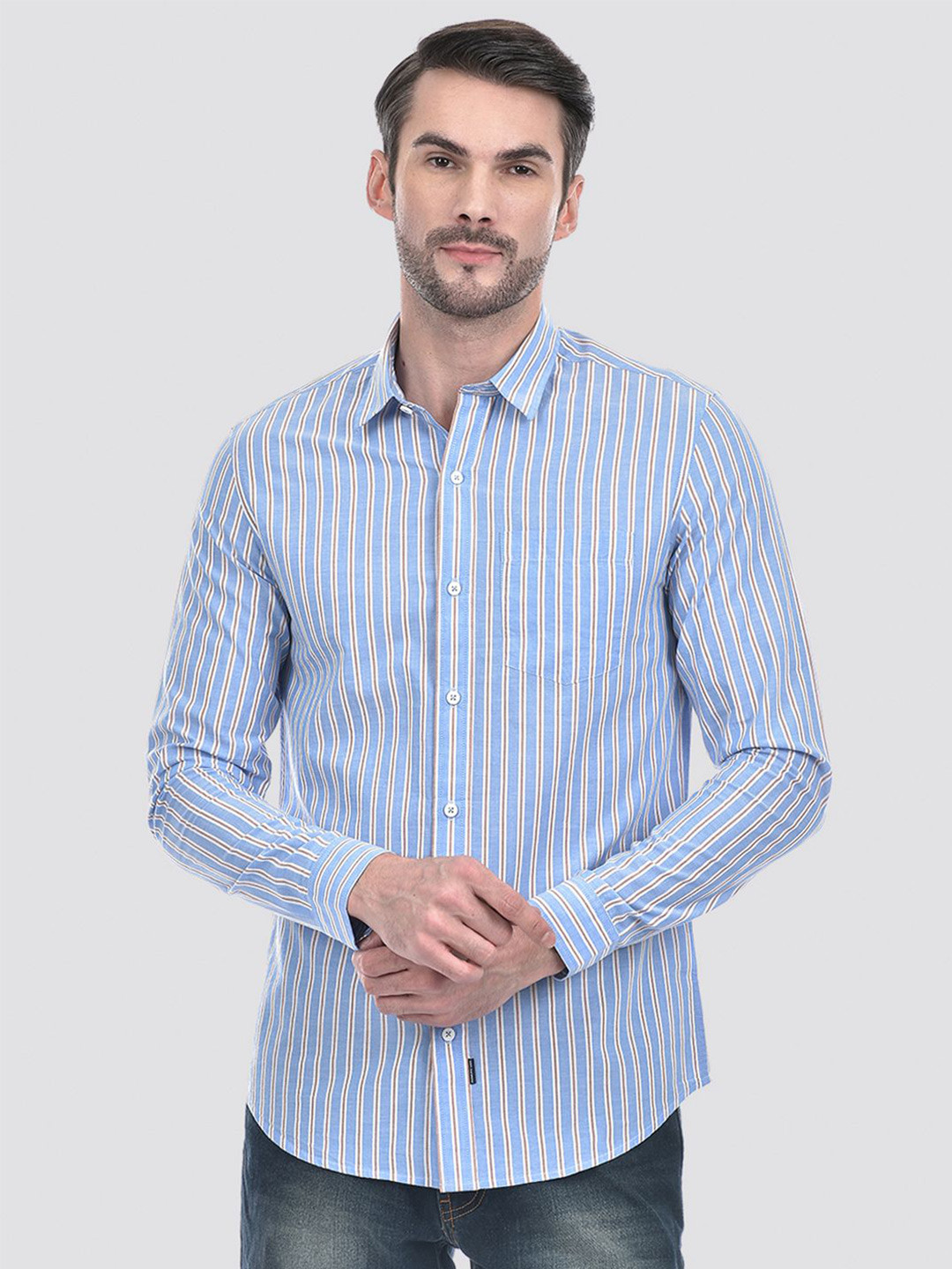 

Numero Uno Men Spread Collar Vertical Striped Cotton Slim Fit Casual Shirt, Blue
