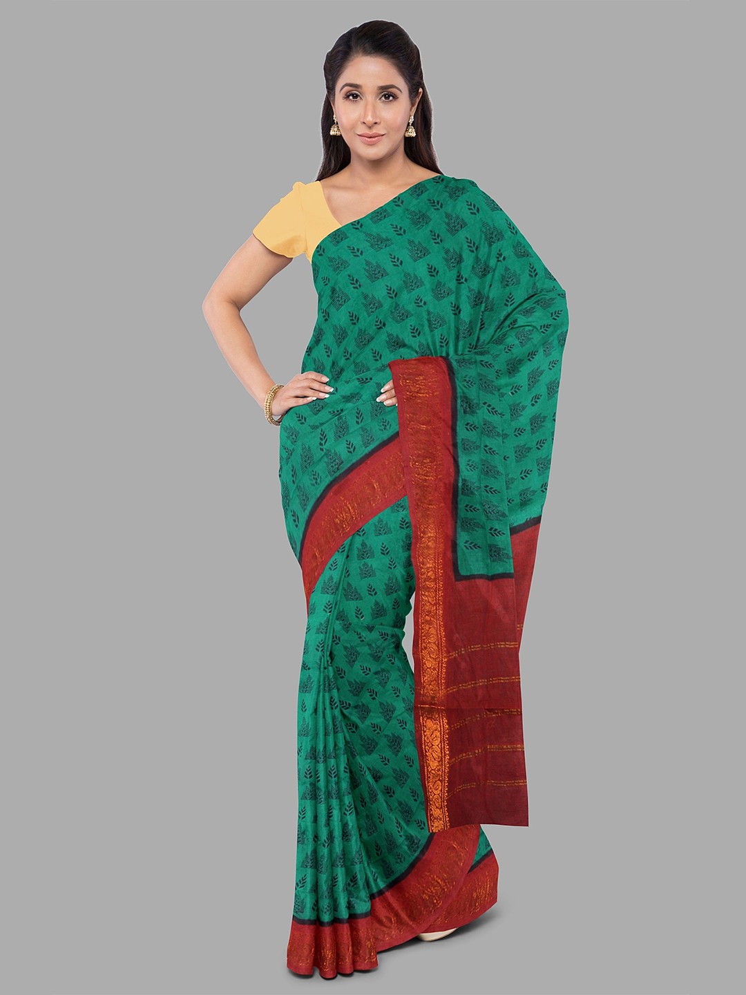 

The Chennai Silks Floral Zari Pure Cotton Sungudi Saree, Green