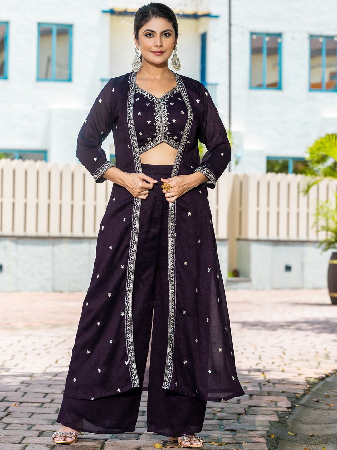 

Ekta Textiles Embroidered V-Neck Top With Palazzos & Shrug, Burgundy