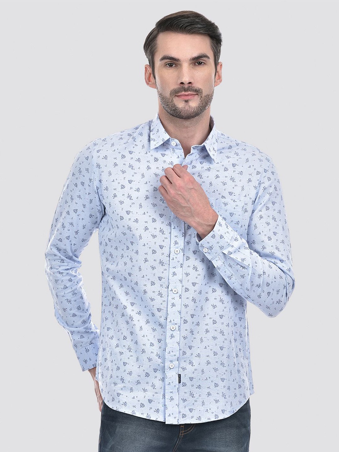 

Numero Uno Men Spread Collar Floral Printed Cotton Slim Fit Casual Shirt, Blue