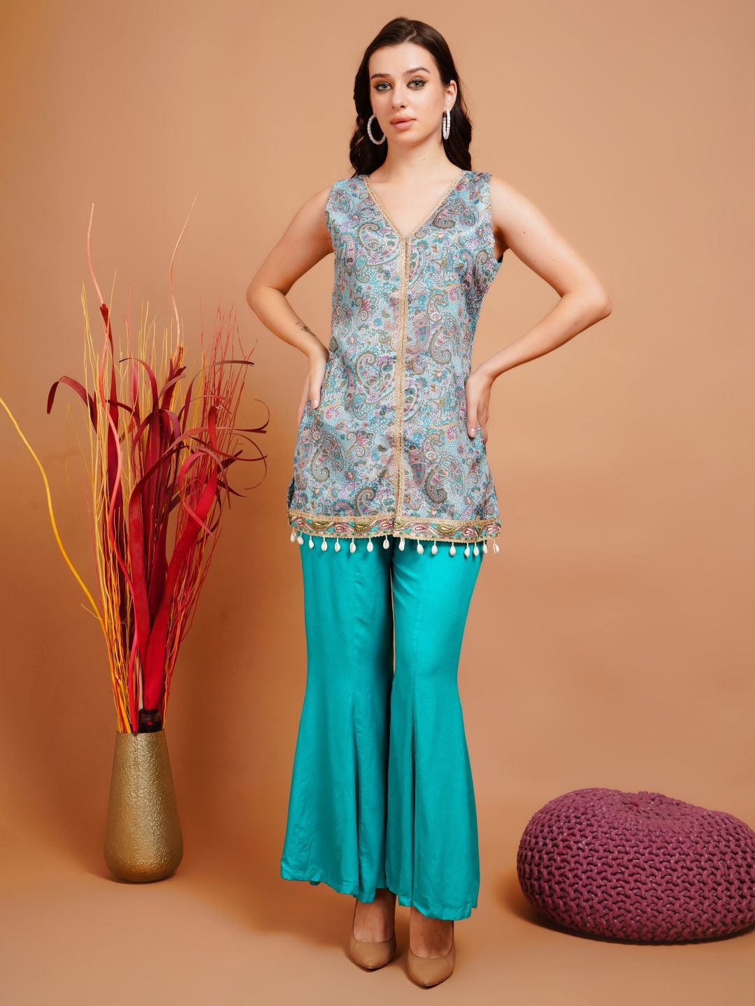 

Boholyfe Floral Printed Tunic With Palazzos, Teal