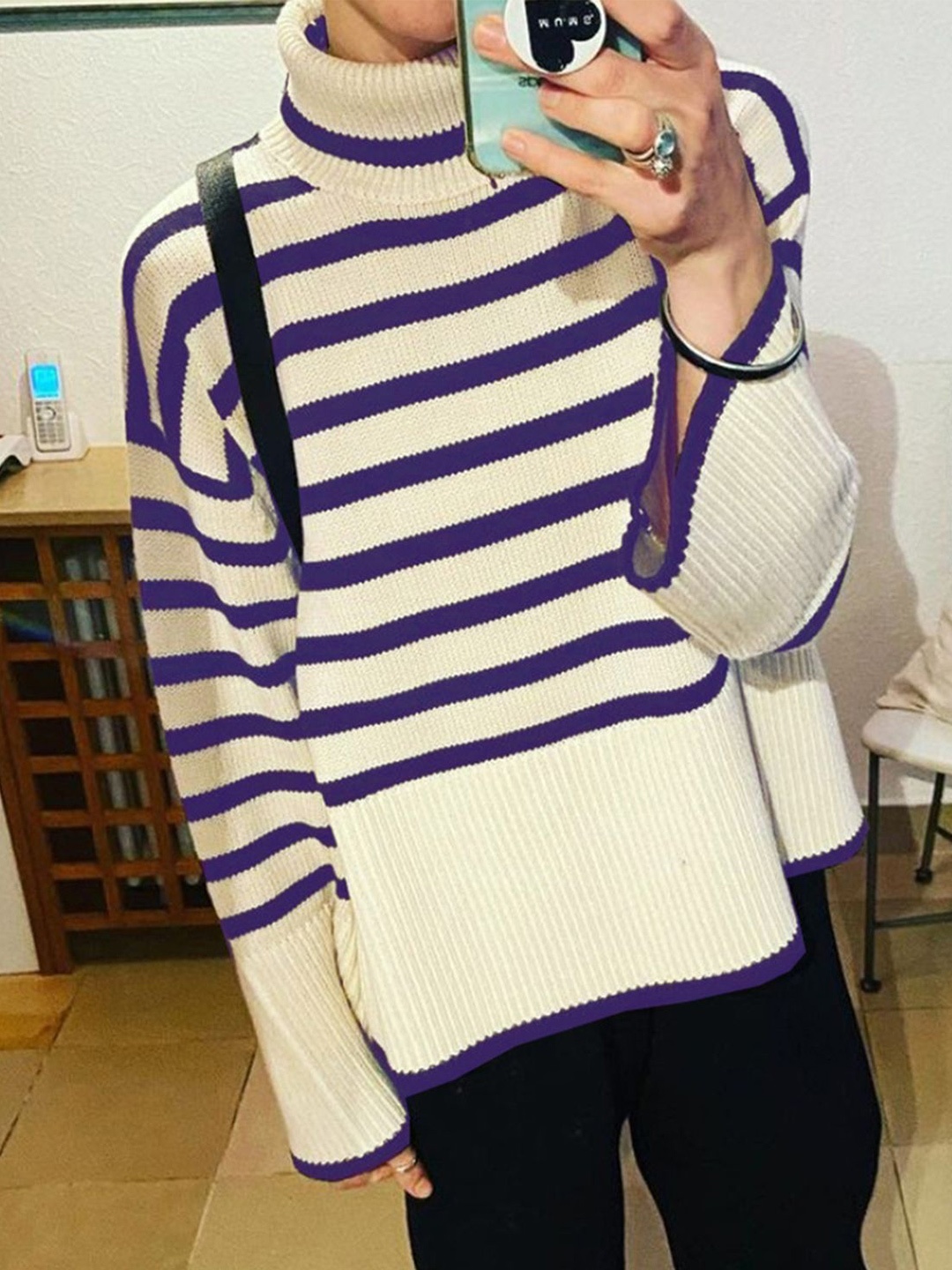 

LULU & SKY Women Striped Turtle Neck Pullover Sweater, Navy blue