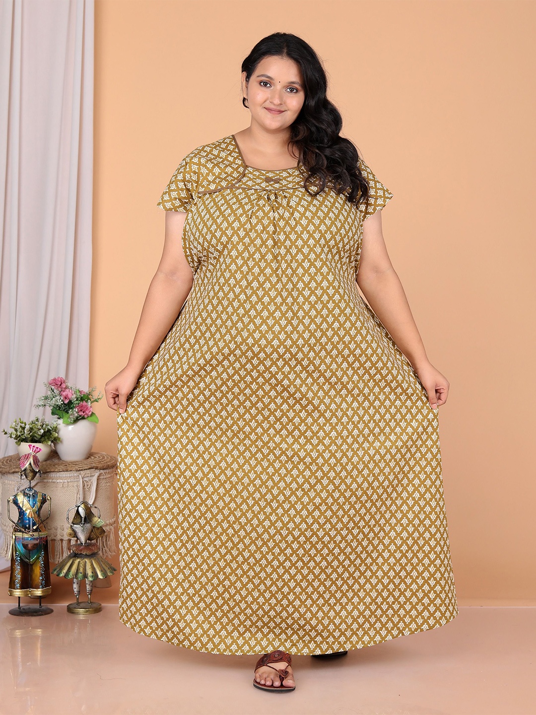 

JAIPZZ APPARELS Ethnic Motifs Printed Pure Cotton Maxi Nightdress, Brown