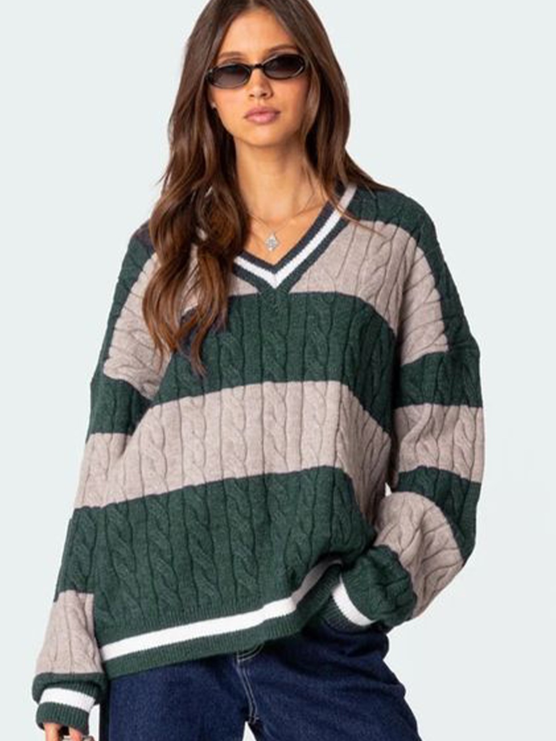 

LULU & SKY Women Cable Knit V-Neck Cotton Pullover Sweater, Teal