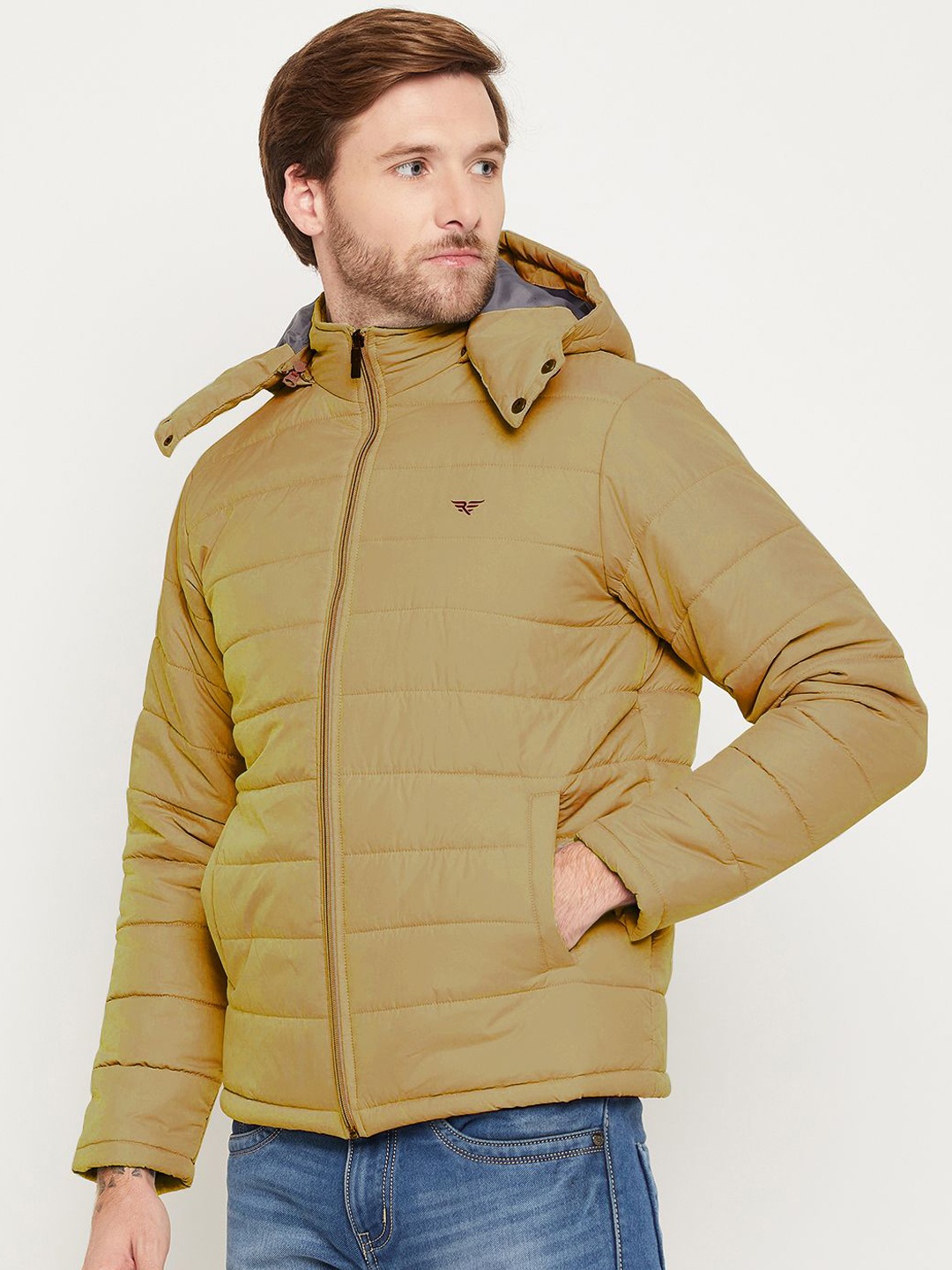 

RISS Men Hooded Solid Casual Padded Jacket, Mustard