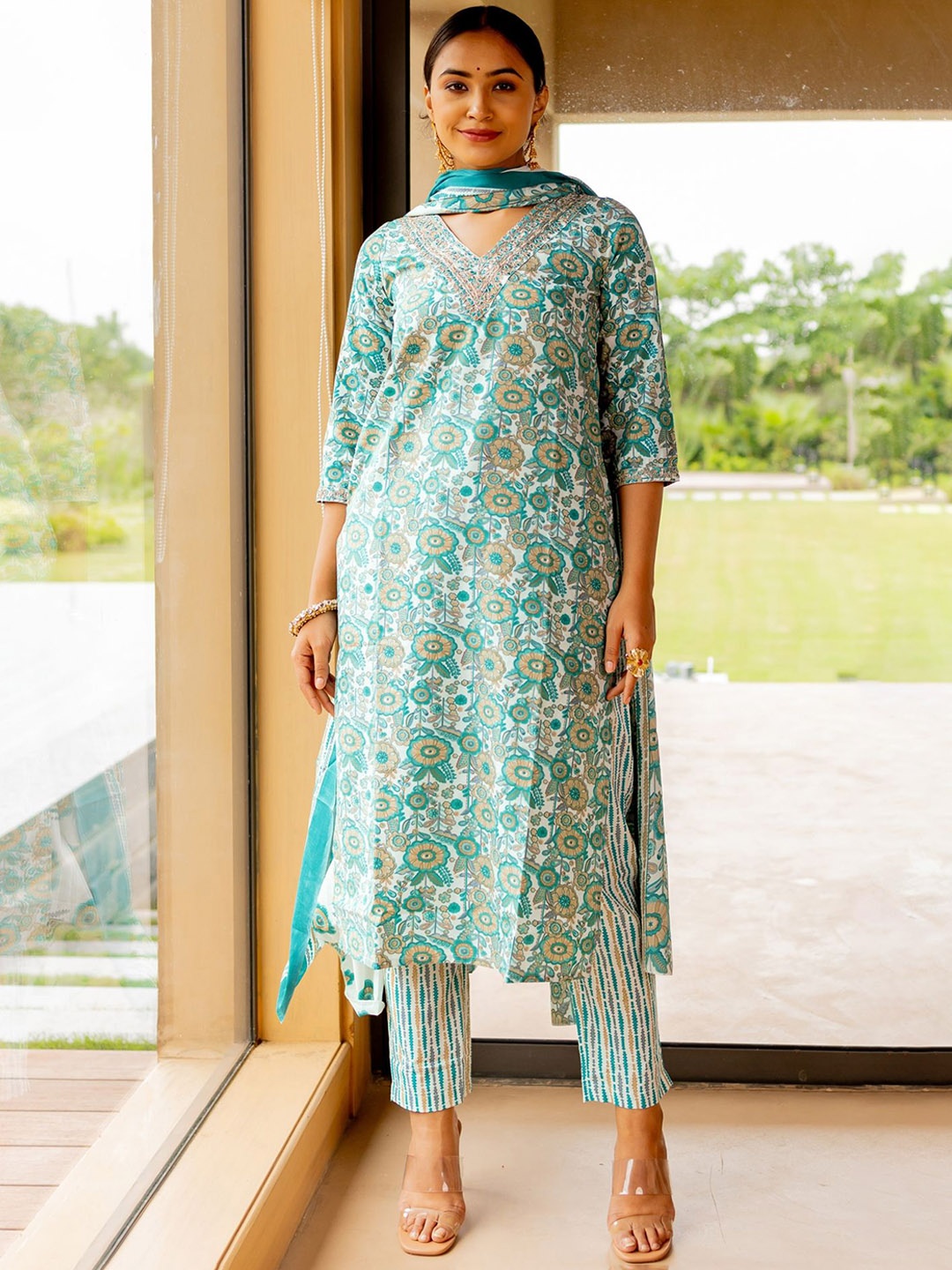 

KALINI Floral Printed Sequinned Kurta with Trousers & Dupatta, Off white