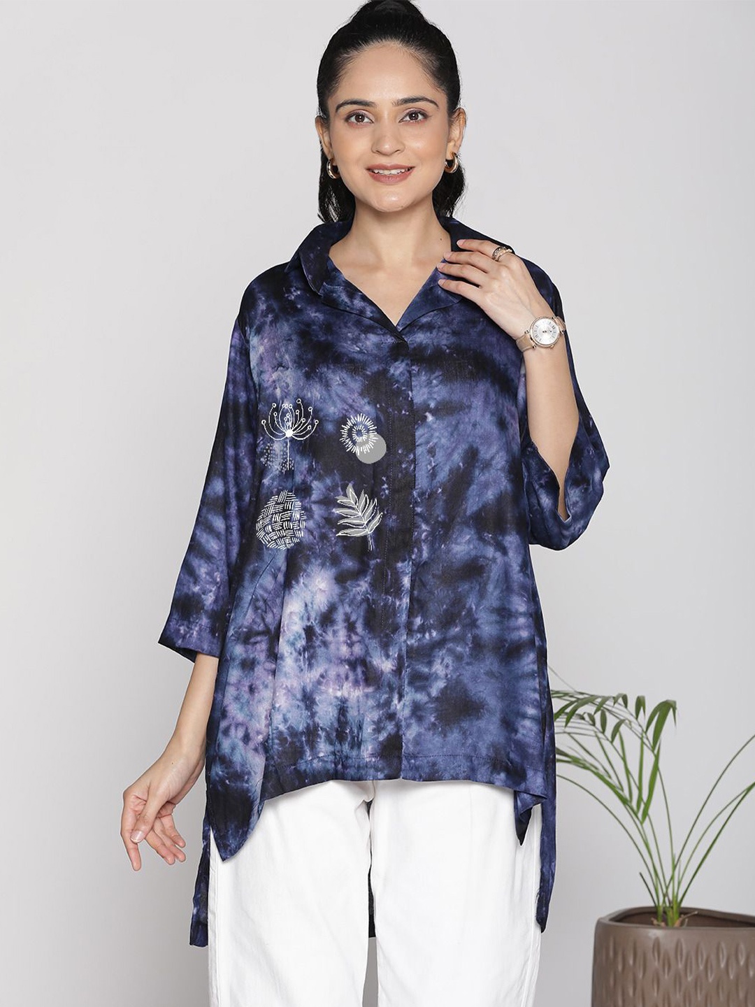 

LetsDressUp Women Tie and Dye Shirt Style Longline Top, Navy blue