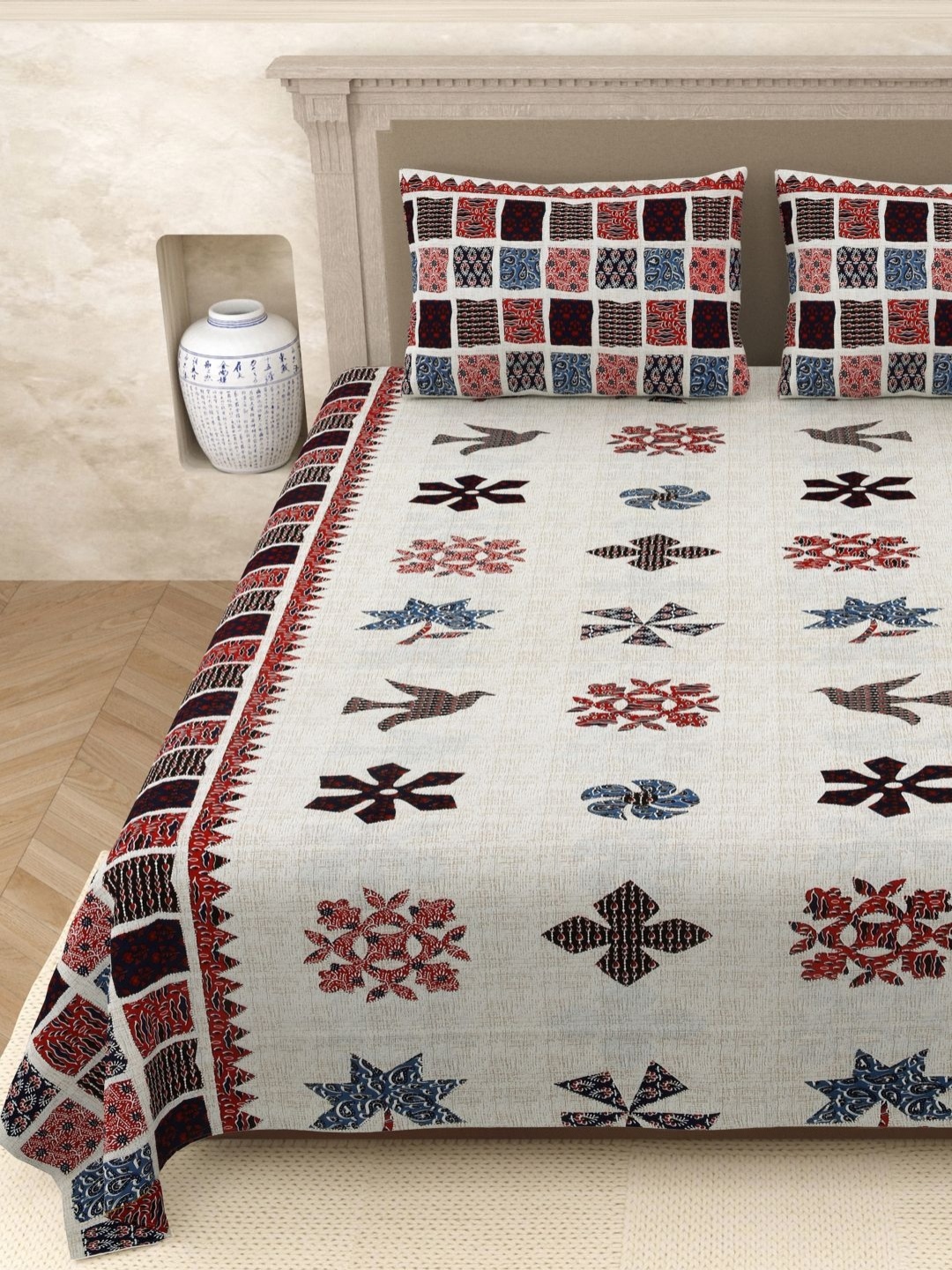 

Aura Elegant White Ethnic Motifs Jaipuri Print Pure Cotton 210 TC Queen Bedsheet Set