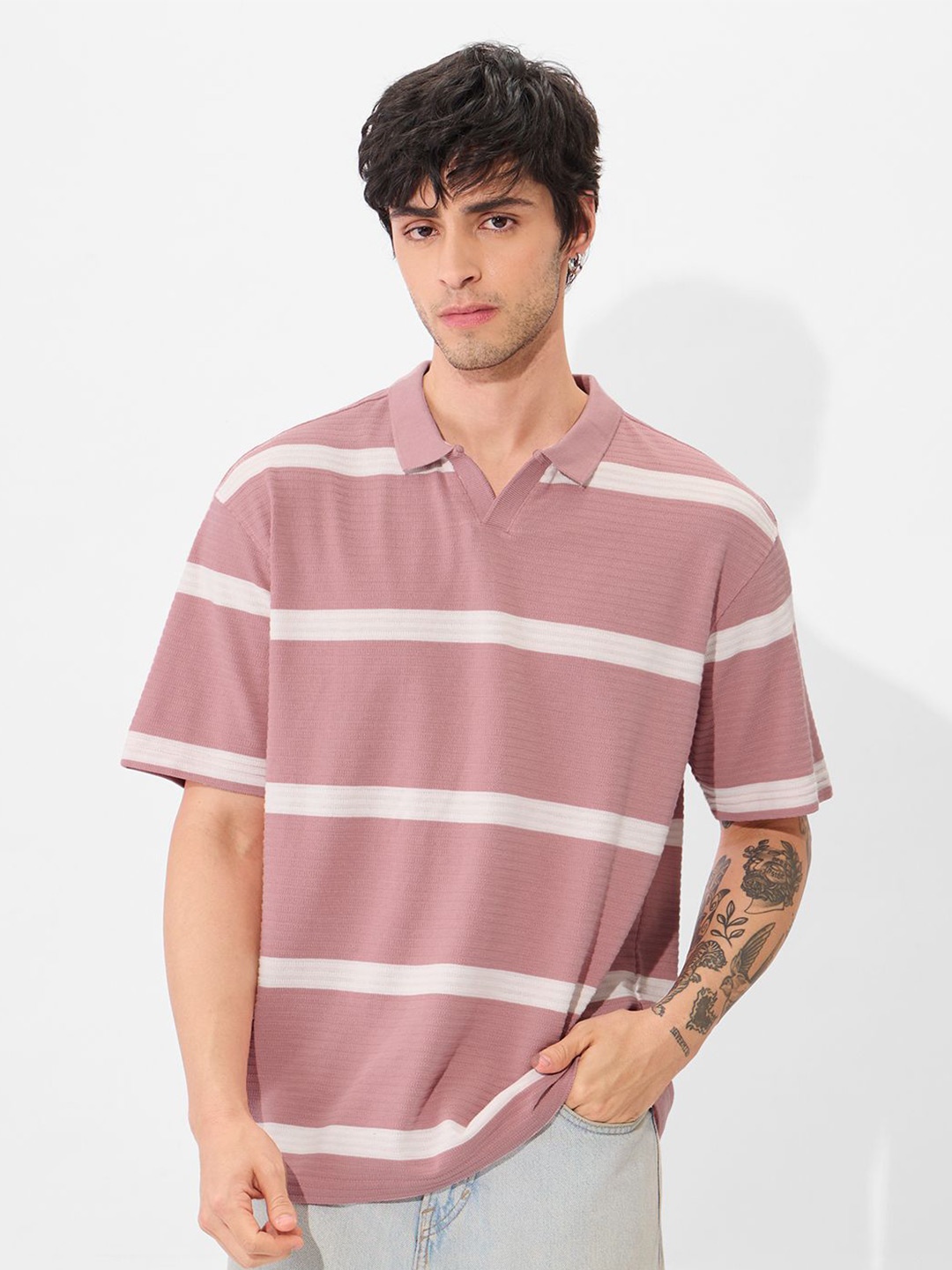

The Souled Store Men Striped Polo Collar Cotton Oversized T-shirt, Pink